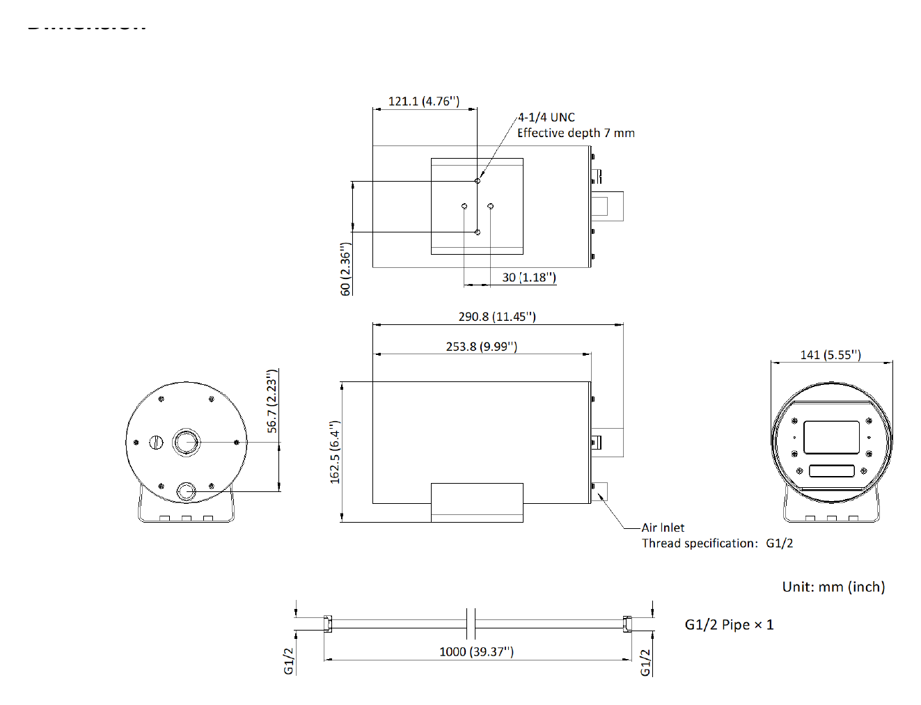 DS-2XT6645G0-LIZS 外形尺寸圖 290.8 mm × 162.5 mm × 141 mm (11.45" × 6.4" × 5.55")｜重量 Appox. 6.245 kg (13.77 lb.)｜Unit: mm