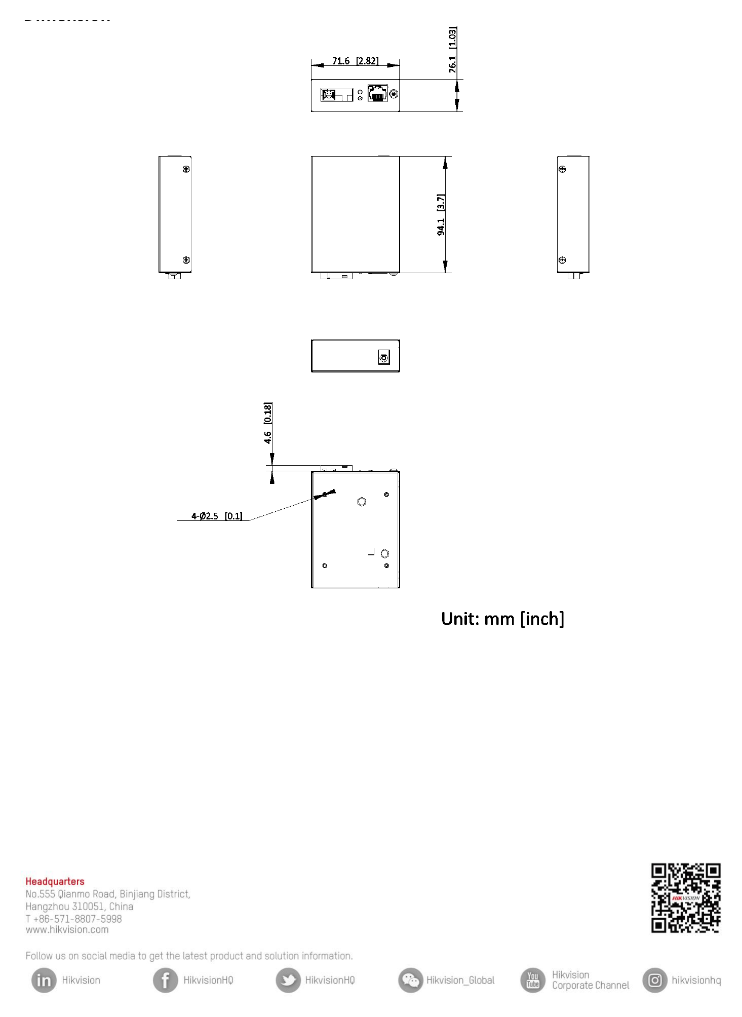 DS-3D501T-3 外形尺寸圖 71.6 mm × 26.1 mm × 94.1 mm (2.81'' × 1.03'' × 3.70'')｜Unit: mm