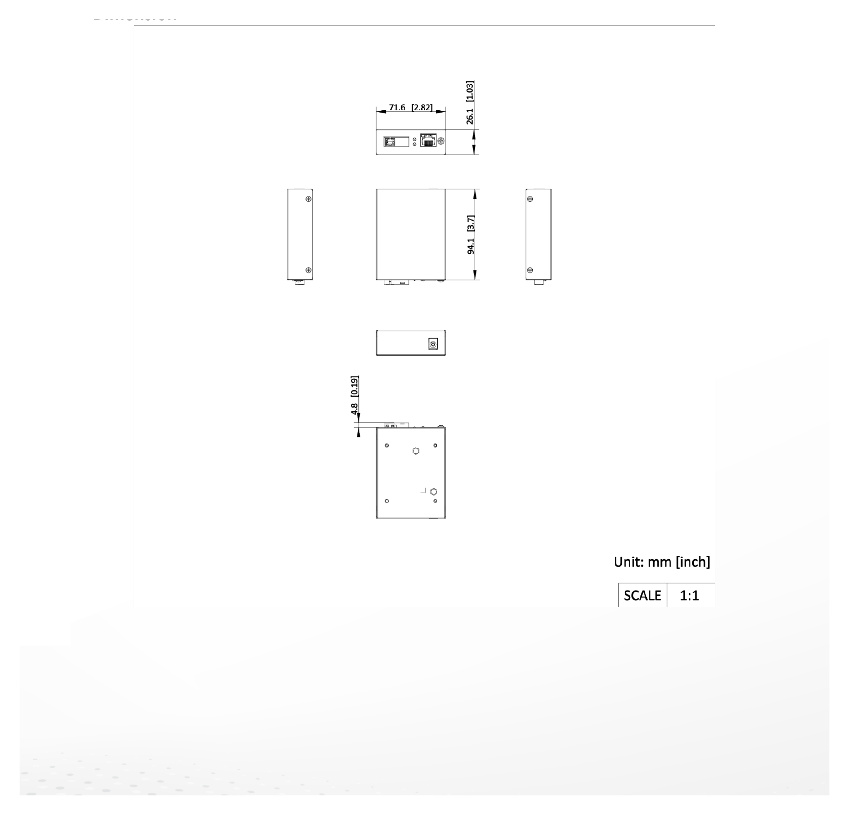 DS-3D501T-A 外形尺寸圖 71.6 mm × 26.1 mm × 94.1 mm (2.81'' × 1.03'' × 3.70'')｜Unit: mm