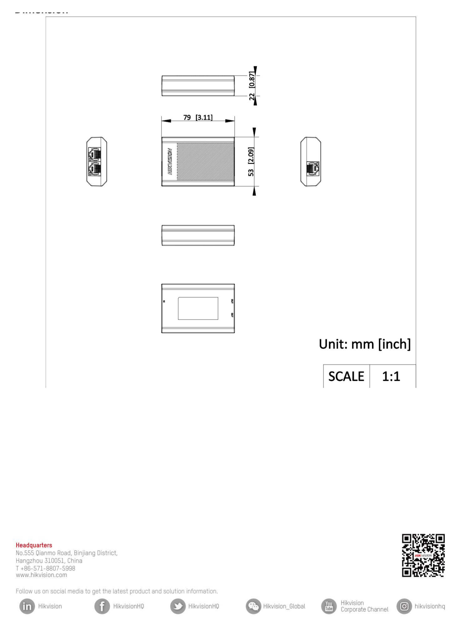 DS-3E0103DP-E/R 外形尺寸圖 79.0 mm × 22.0 mm × 53.0 mm (3.11'' × 0.87'' × 2.09'')|Unit: mm