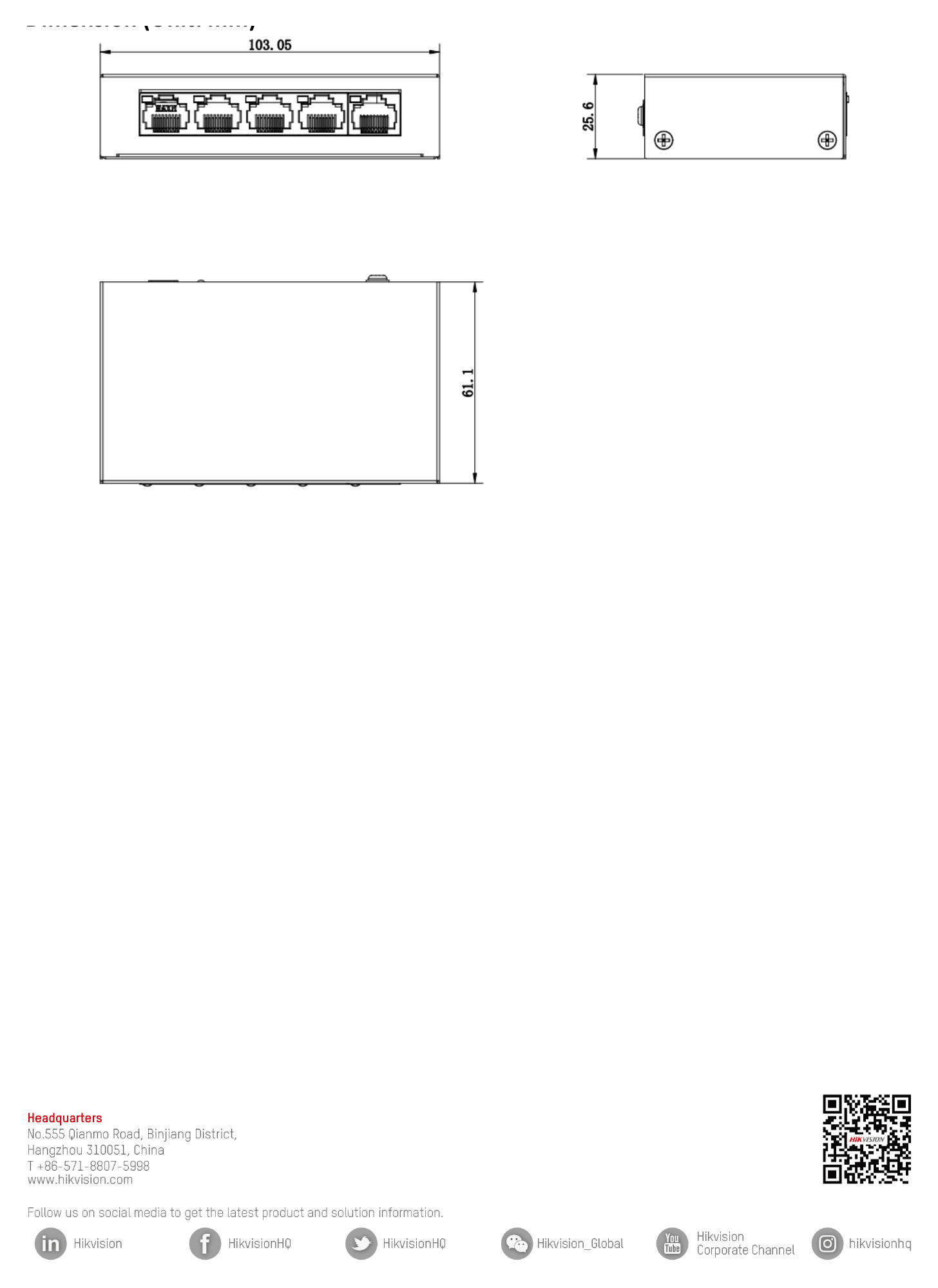 DS-3E0105-O 外形尺寸圖 103.05 mm × 25.6 mm × 61.1 mm (4.06'' × 1.01'' × 2.41'')｜Unit: mm