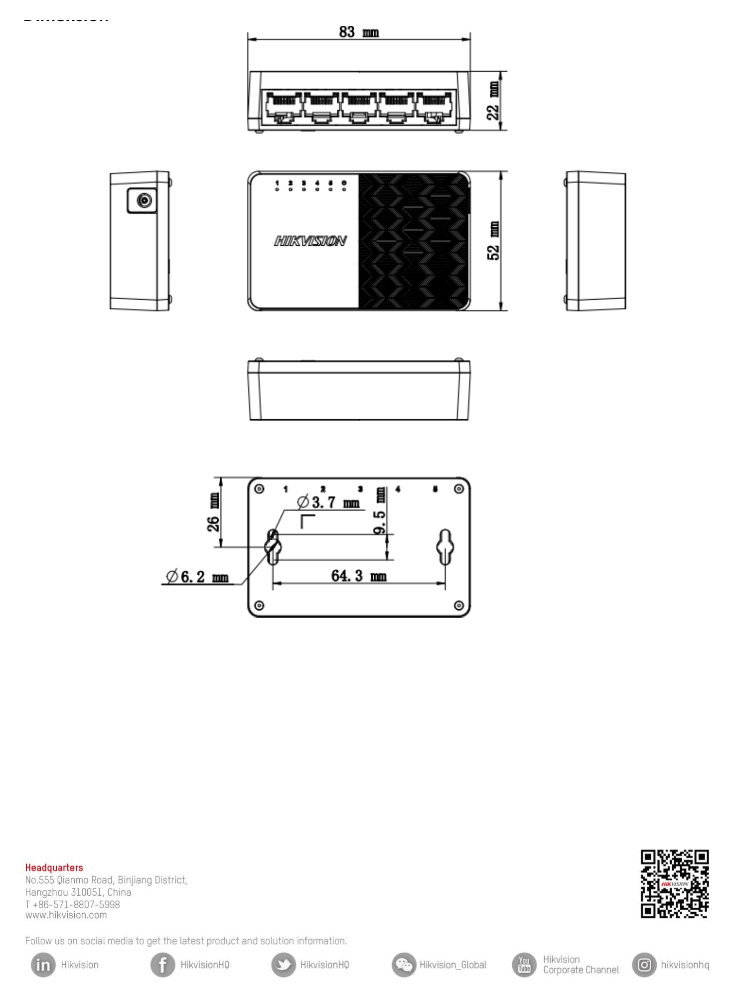 DS-3E0105D-O 外形尺寸圖 83.00 mm × 22.00 mm × 52.00 mm (3.27'' × 0.87'' × 2.05'')｜Unit: mm