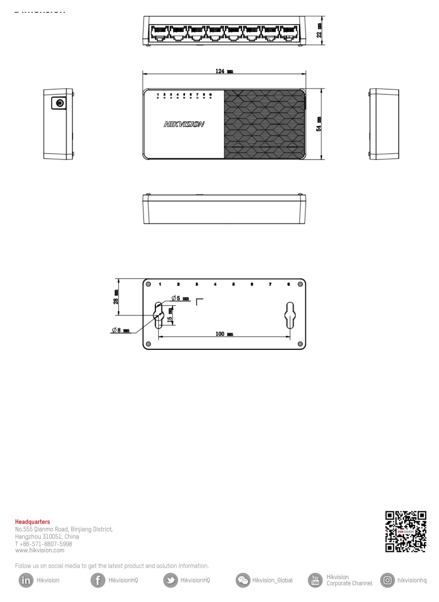 DS-3E0108D-O 外形尺寸圖 124.00 mm × 22.00 mm × 52.00 mm (4.88'' × 0.87'' × 2.05'')｜Unit: mm
