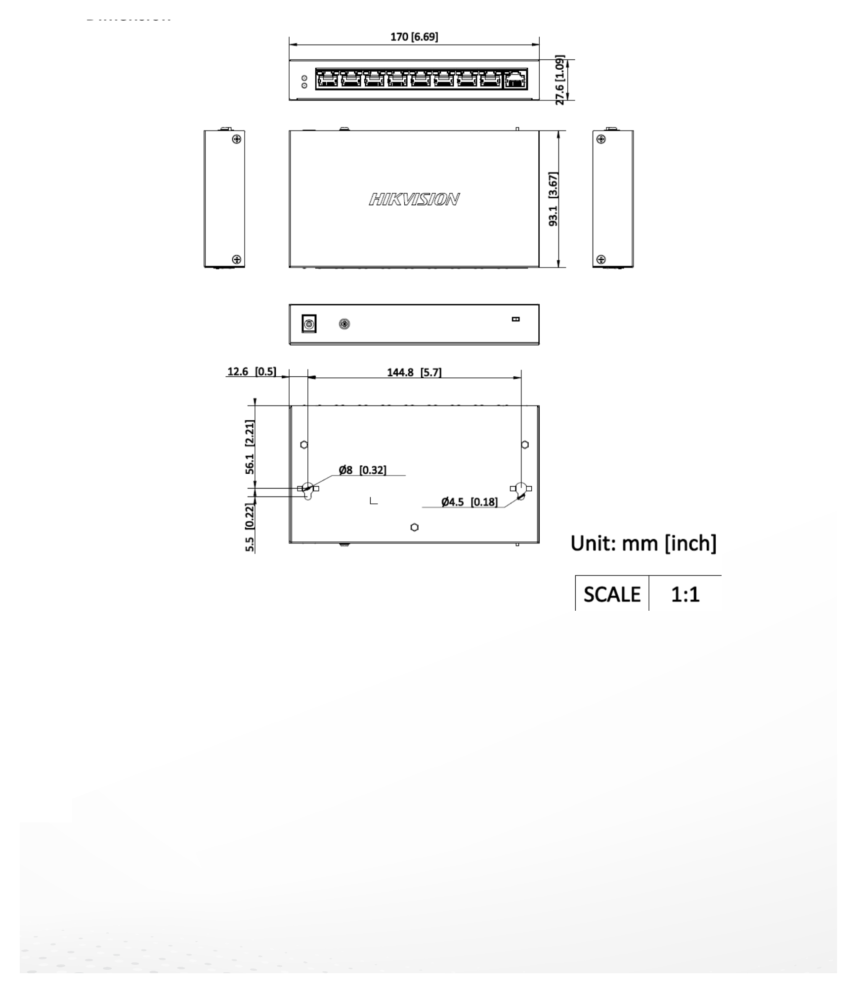 DS-3E0109P-E/M(C) 外形尺寸圖 170 mm × 27.6 mm × 93.1 mm (6.7'' × 1.1'' × 3.7'')｜Unit: mm