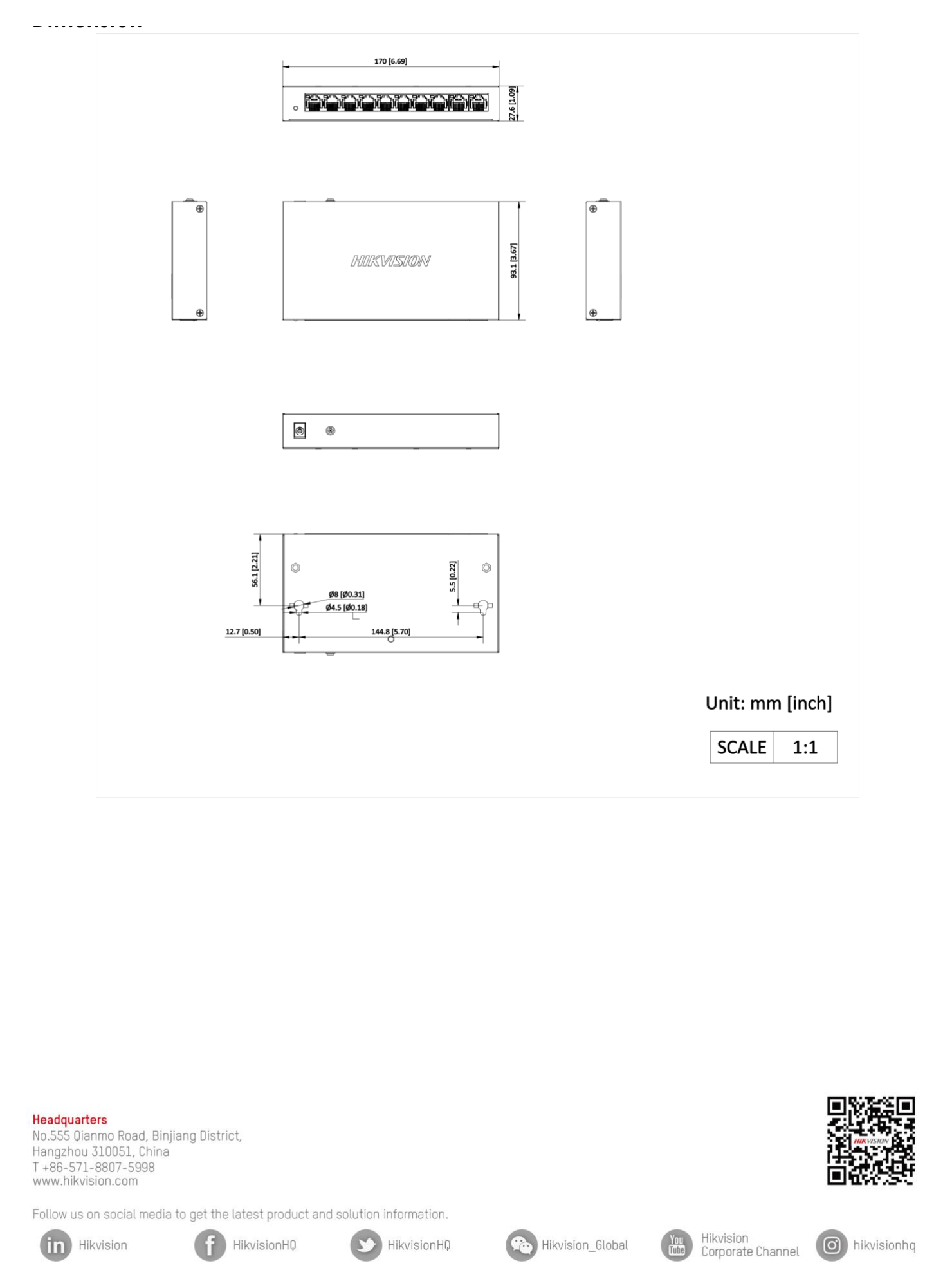 DS-3E0110MP-E/M 外形尺寸圖 170.00 mm × 27.60 mm × 93.10 mm (6.69'' × 1.09'' × 3.67'')｜Unit: mm