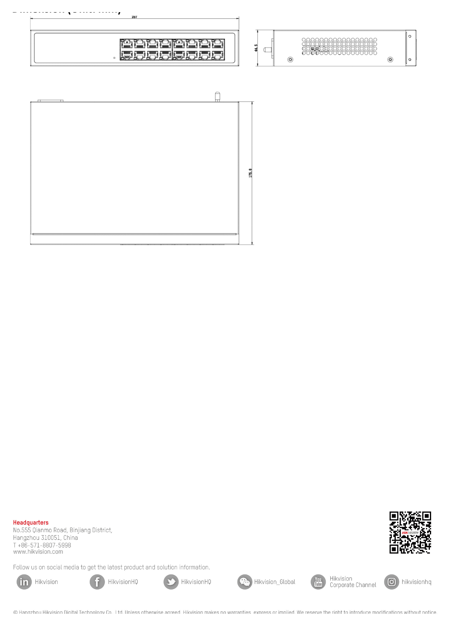 DS-3E0116R-O 外形尺寸圖 257.0 mm × 44.5 mm × 175.8 mm (10.118'' × 1.751'' × 6.921'')｜Unit: mm