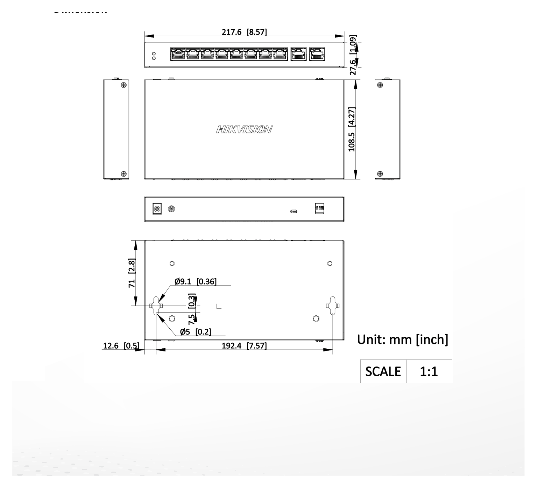 DS-3E0310HP-EC 外形尺寸圖 217.6 mm × 27.6 mm × 108.5 mm (8.57'' × 1.09'' × 4.27'')｜Unit: mm