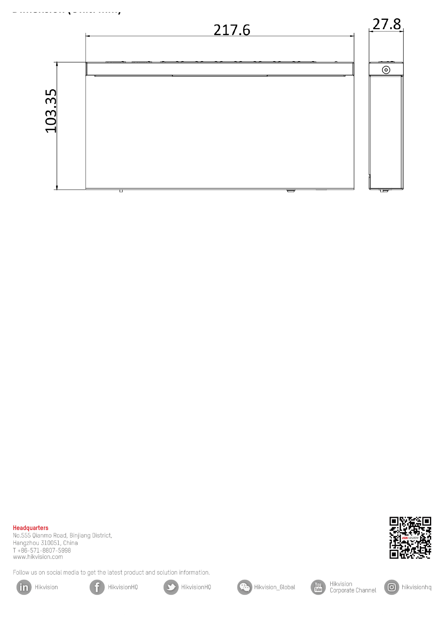 DS-3E0310P-E/M 外形尺寸圖 217.6 mm × 103.35 mm × 27.8 mm (8.57'' × 4.07'' × 1.09'')｜Unit: mm