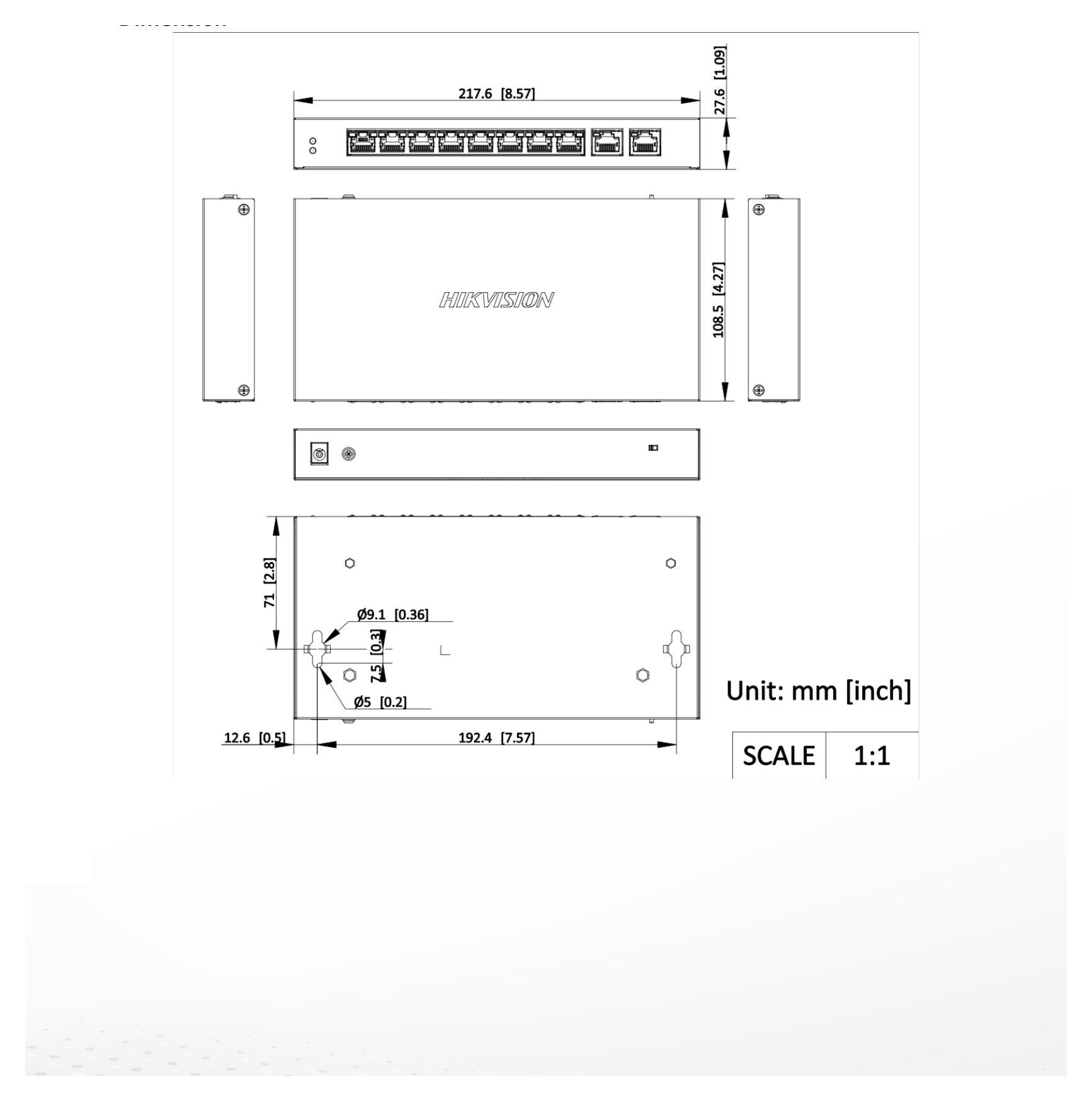 DS-3E0310P-E/M(B) 外形尺寸圖 217.60 mm × 27.60 mm × 108.50 mm (8.56'' × 1.08'' × 4.27'')｜Unit: mm