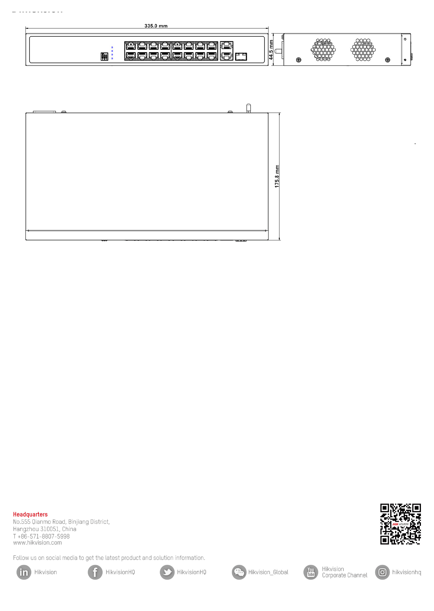DS-3E0318P-E 外形尺寸圖 335.0 mm × 44.5 mm × 175.8 mm (13.19'' × 1.75'' × 6.92'')｜Unit: mm