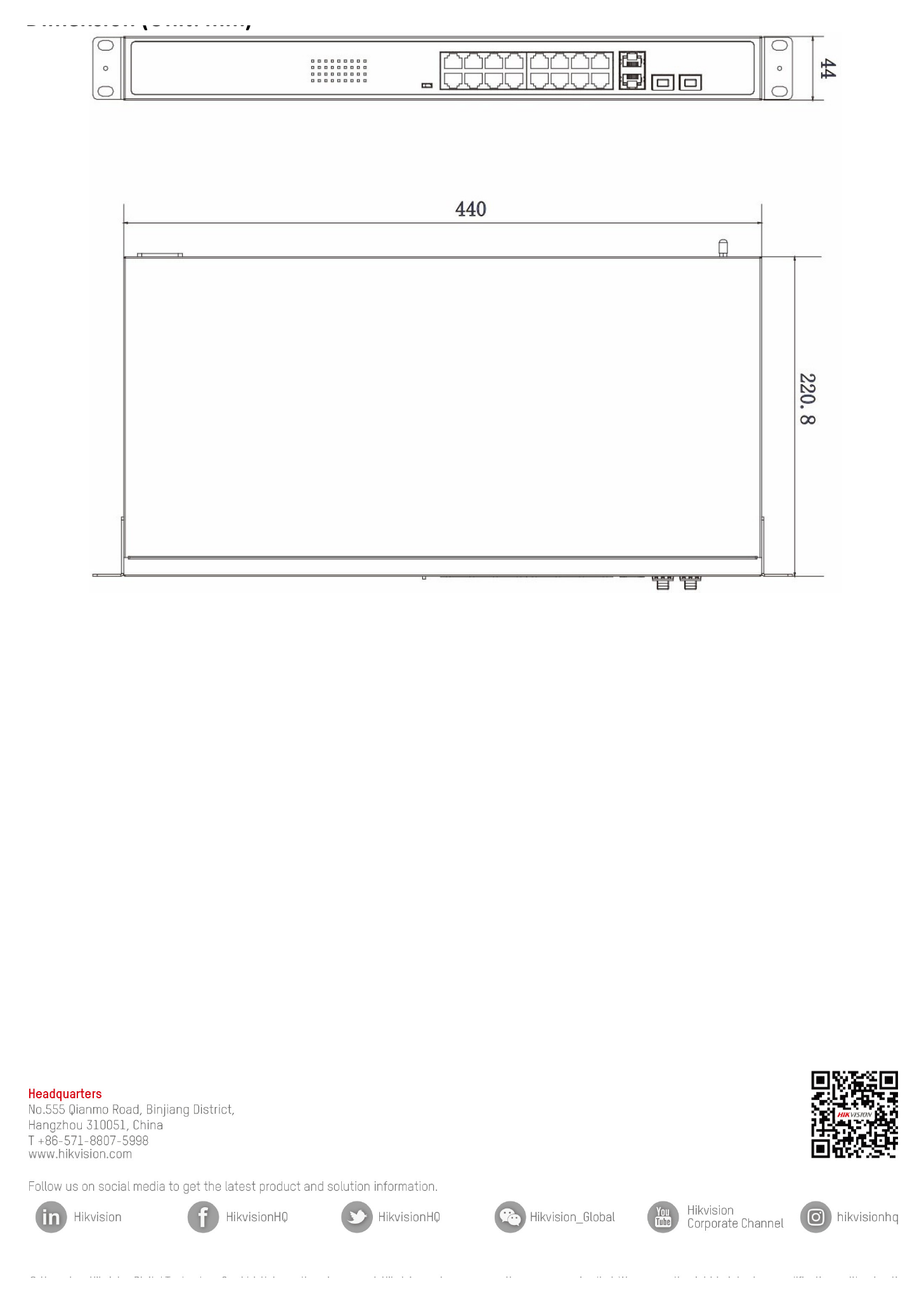 DS-3E0318P-EC 外形尺寸圖 440.0 mm × 44.0 mm × 220.8 mm (17.3'' × 1.7'' × 8.7'')｜Unit: mm