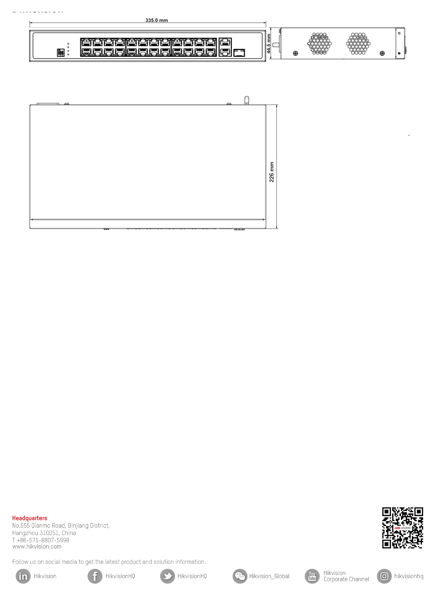 DS-3E0326P-E 外形尺寸圖 335.0 mm × 44.5 mm × 226.0 mm (13.19'' × 1.75'' × 8.90'')｜Unit: mm