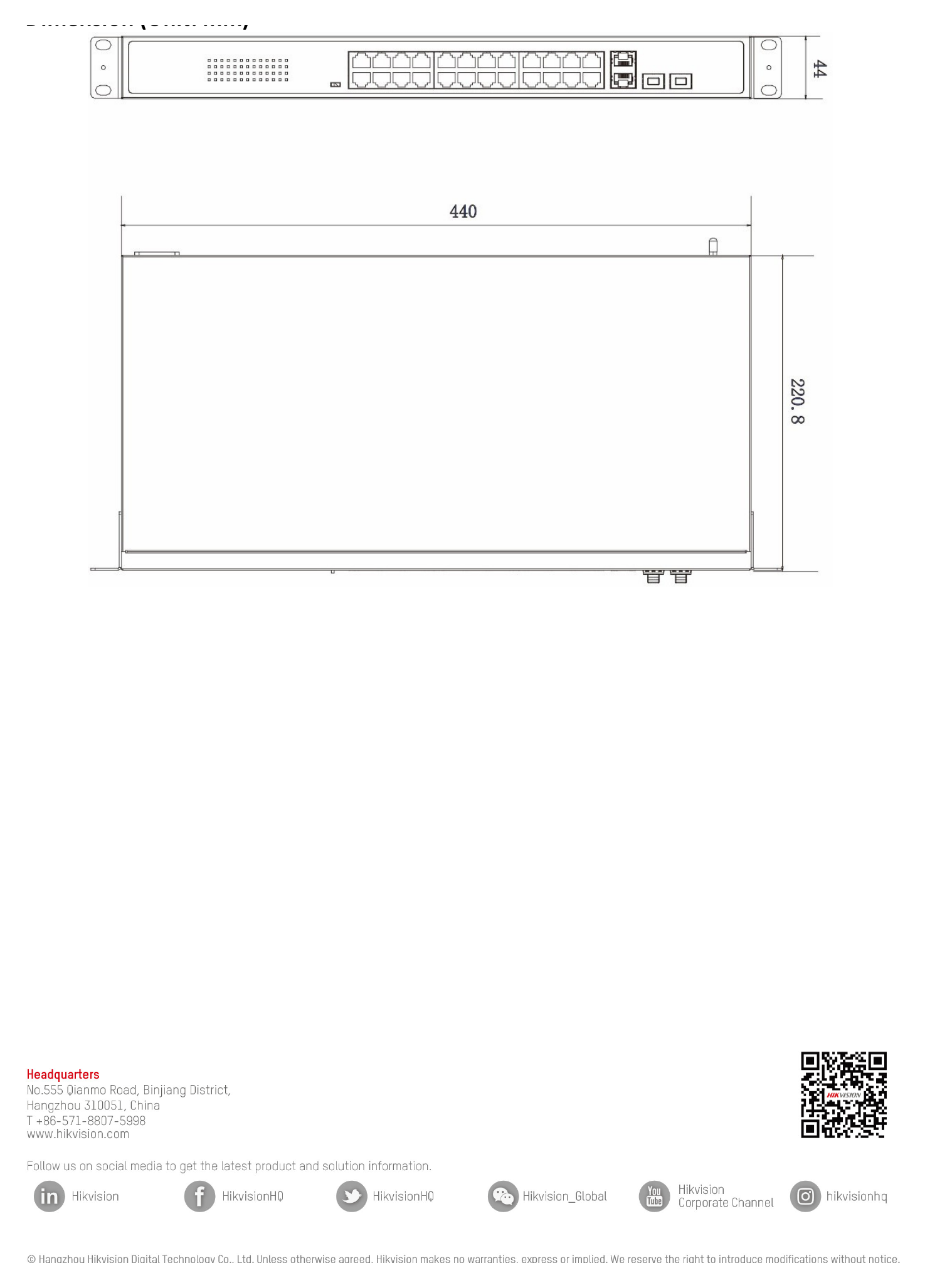 DS-3E0326P-E(C) 外形尺寸圖 440.0 mm × 44.0 mm × 220.8 mm (17.3'' × 1.7'' × 8.7'')｜Unit: mm