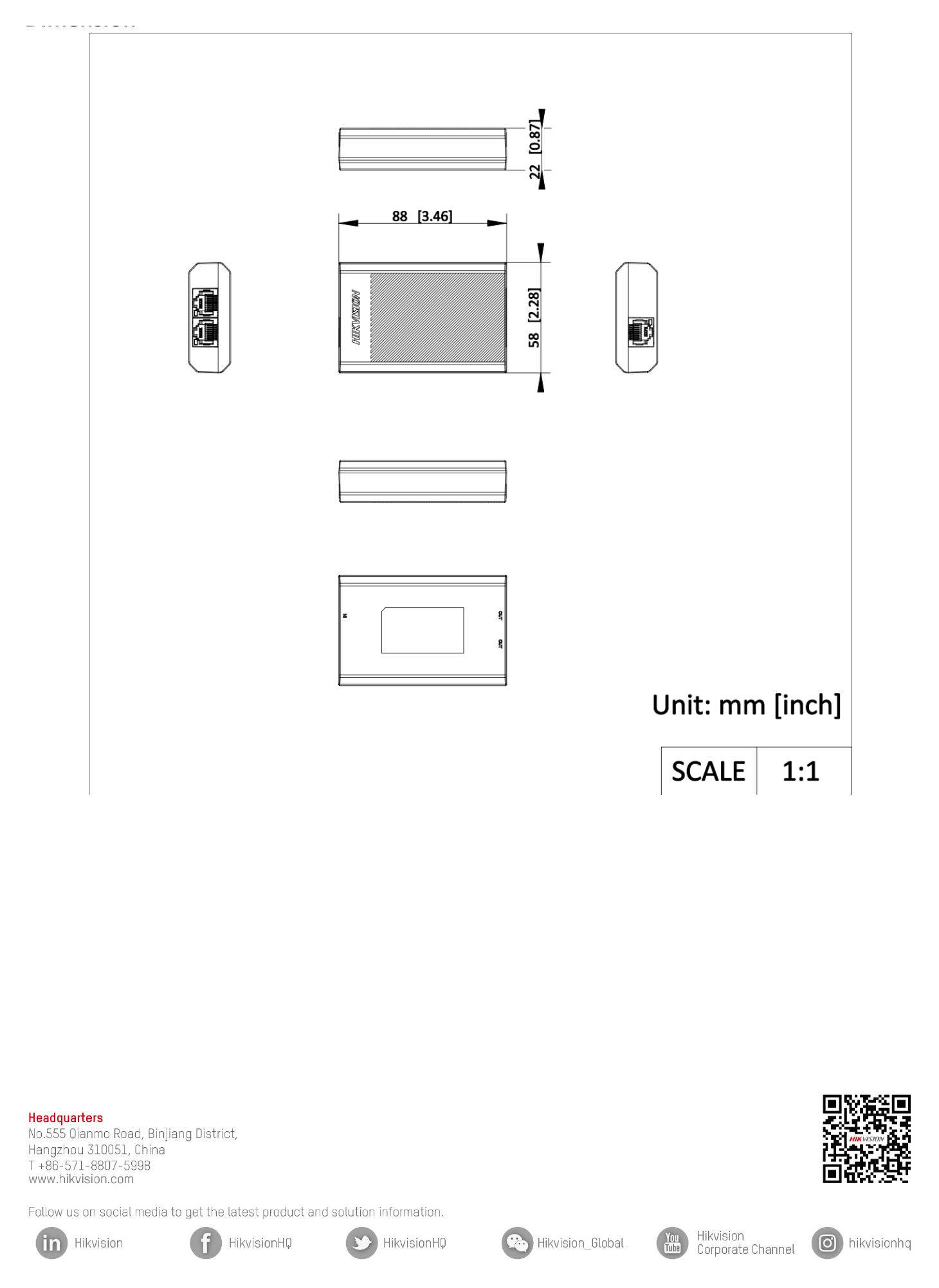 DS-3E0503DP-E 外形尺寸圖 88.0 mm × 22.0 mm × 58.0 mm (3.46'' × 0.87'' × 2.28'')｜Unit: mm