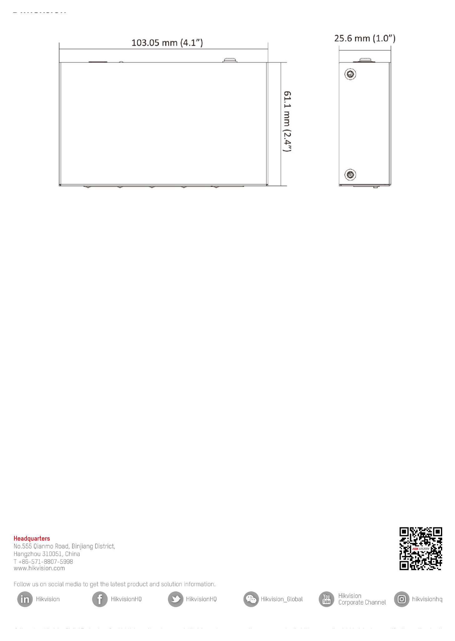 DS-3E0505-E 外形尺寸圖 103 mm × 25.6 mm × 61.1 mm (4.1'' × 1.0'' × 2.4'')｜Unit: mm