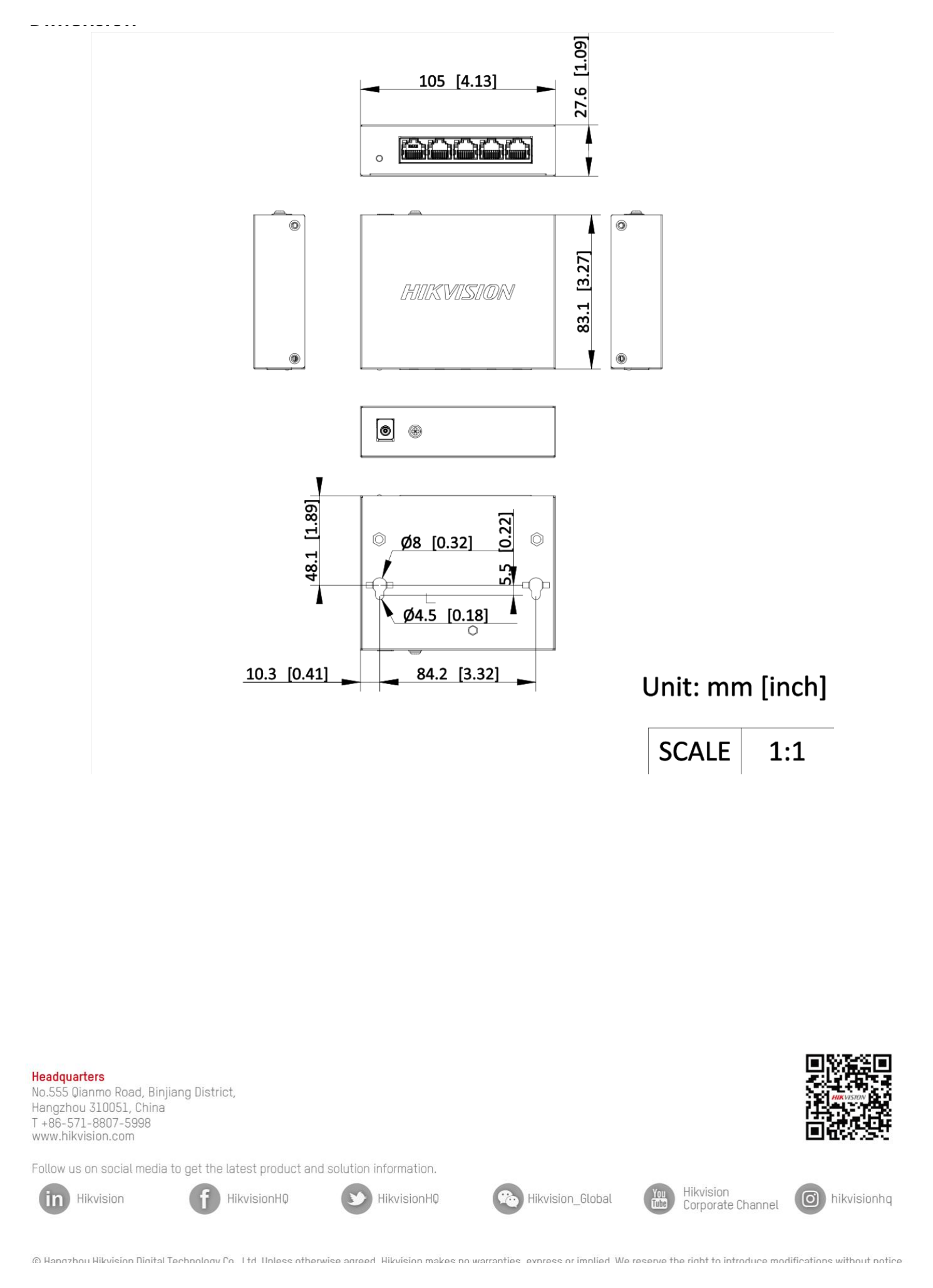 DS-3E0505-O 外形尺寸圖 105.00 mm × 27.60 mm × 83.10 mm (4.13'' × 1.09'' × 3.27'')|Unit: mm