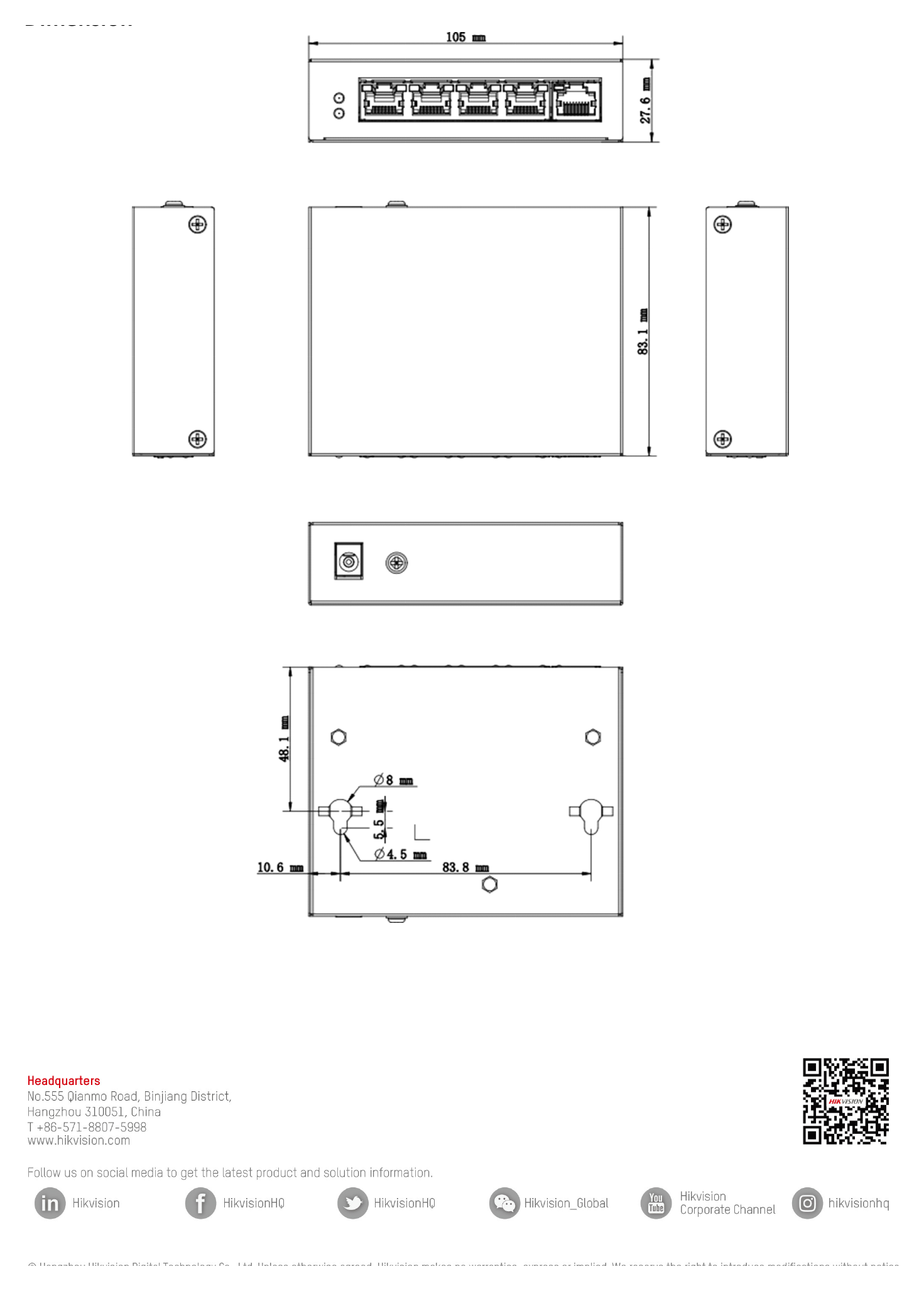 DS-3E0505P-E 外形尺寸圖 105 mm × 27.6 mm × 83.1 mm (4.1'' × 1.1'' × 3.3'')｜Unit: mm