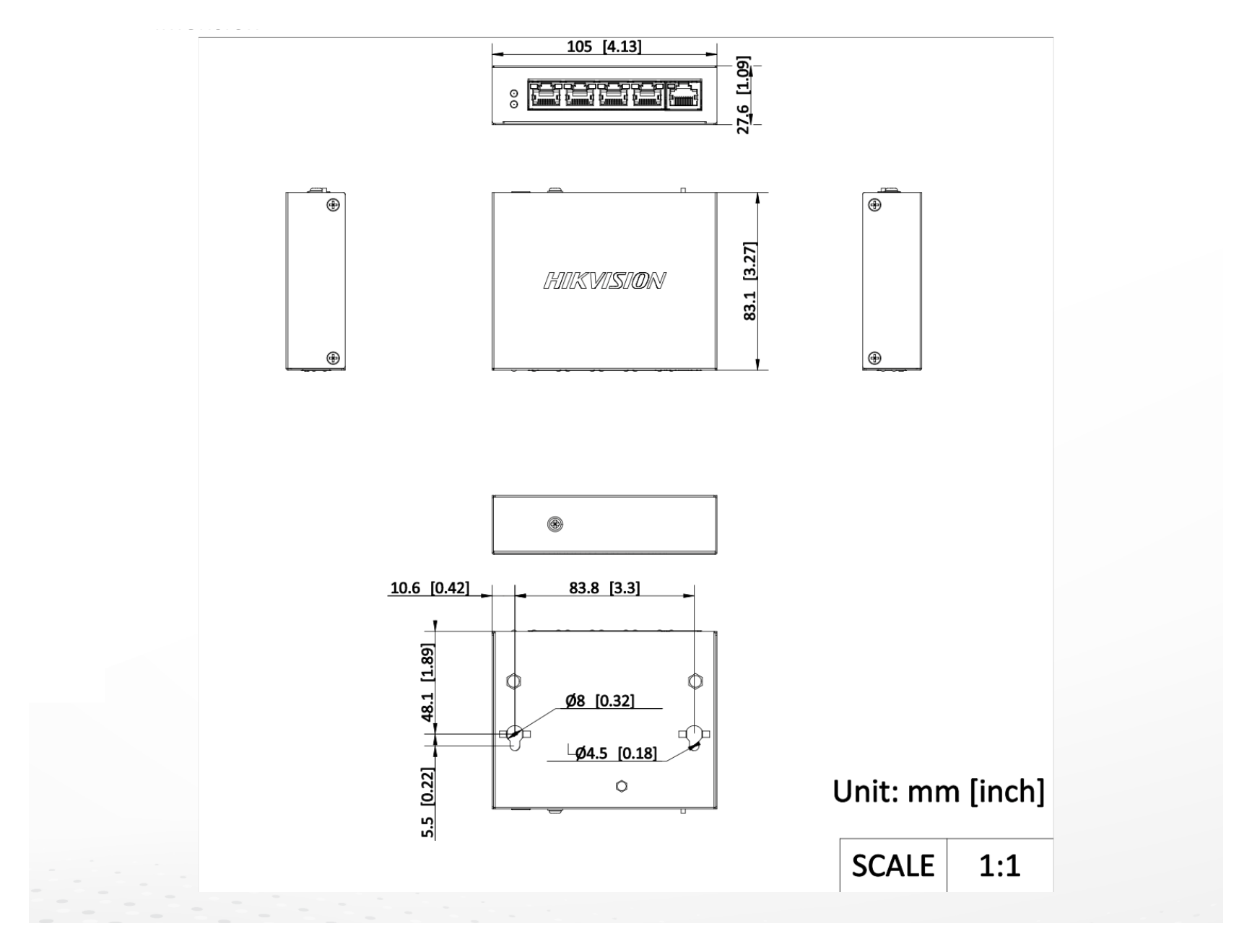 DS-3E0505P-E/R 外形尺寸圖 105.00 mm × 27.6 mm × 83.1 mm (4.13'' × 1.08'' × 3.27'')｜Unit: mm