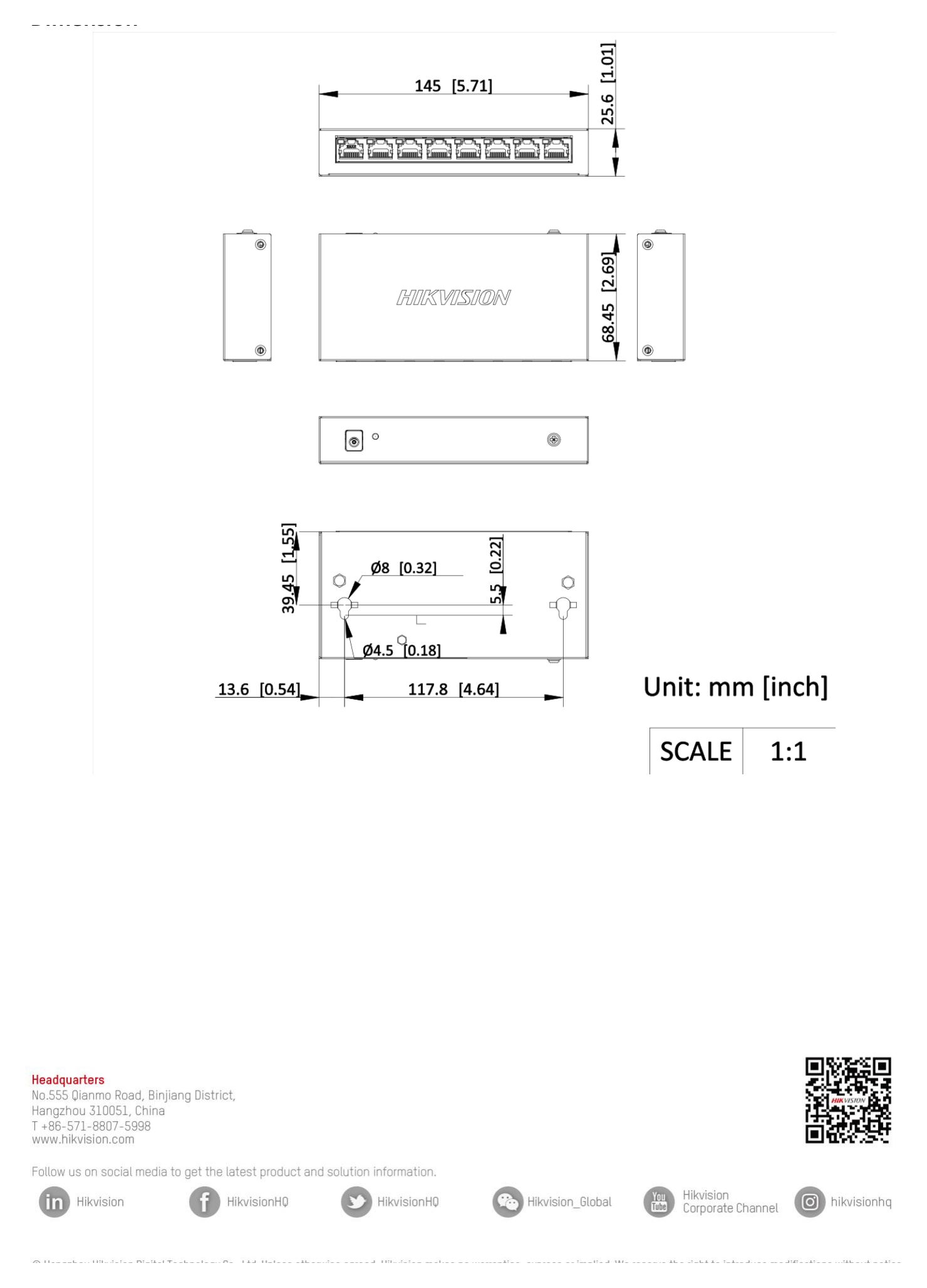 DS-3E0508-O 外形尺寸圖 145.00 mm × 25.60 mm × 68.45 mm (5.71'' × 1.01'' × 2.69'')｜Unit: mm