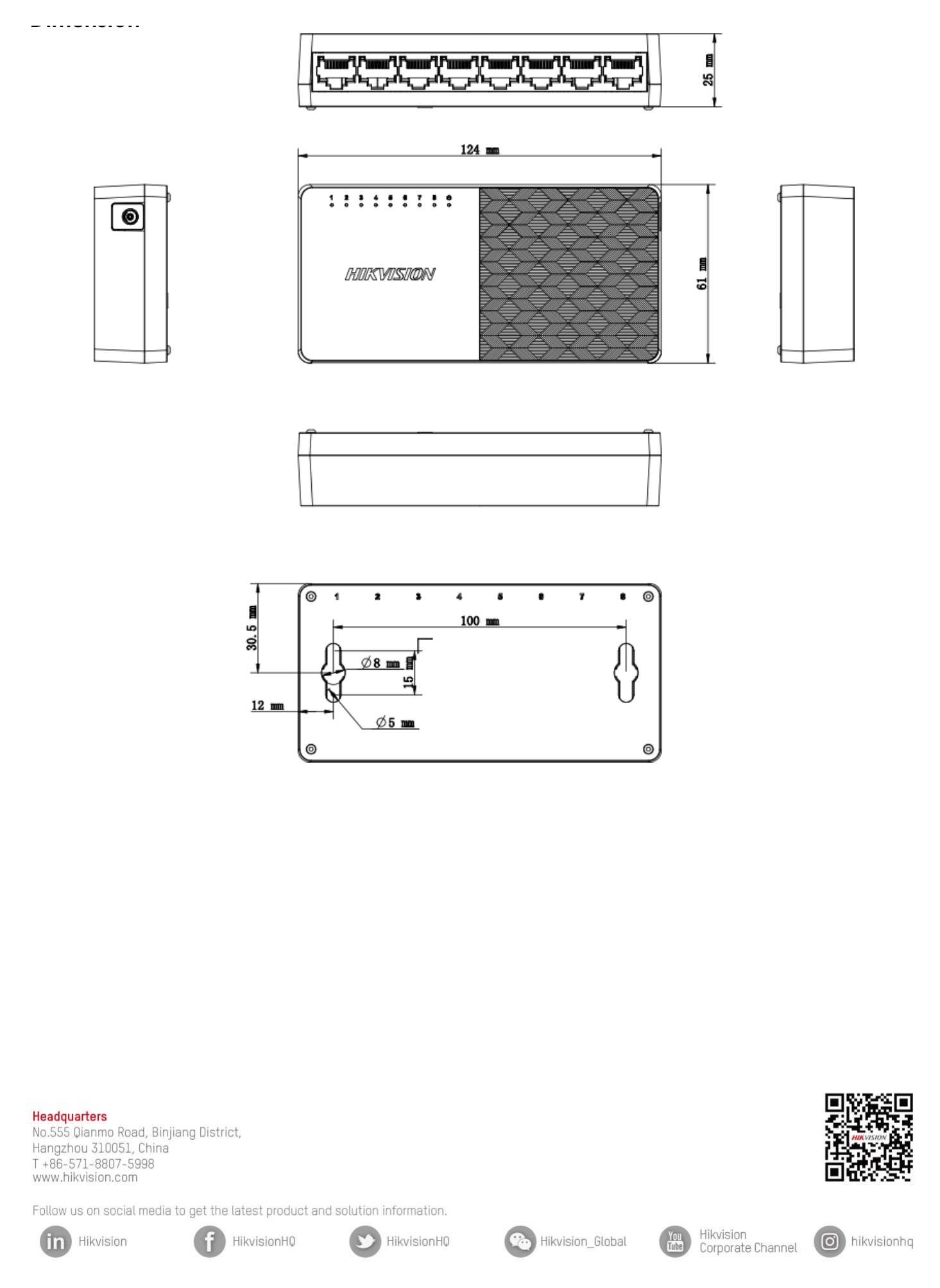 DS-3E0508D-O 外形尺寸圖 124.00 mm × 25.00 mm × 61.00 mm (4.88'' × 0.98'' × 2.40'')｜Unit: mm