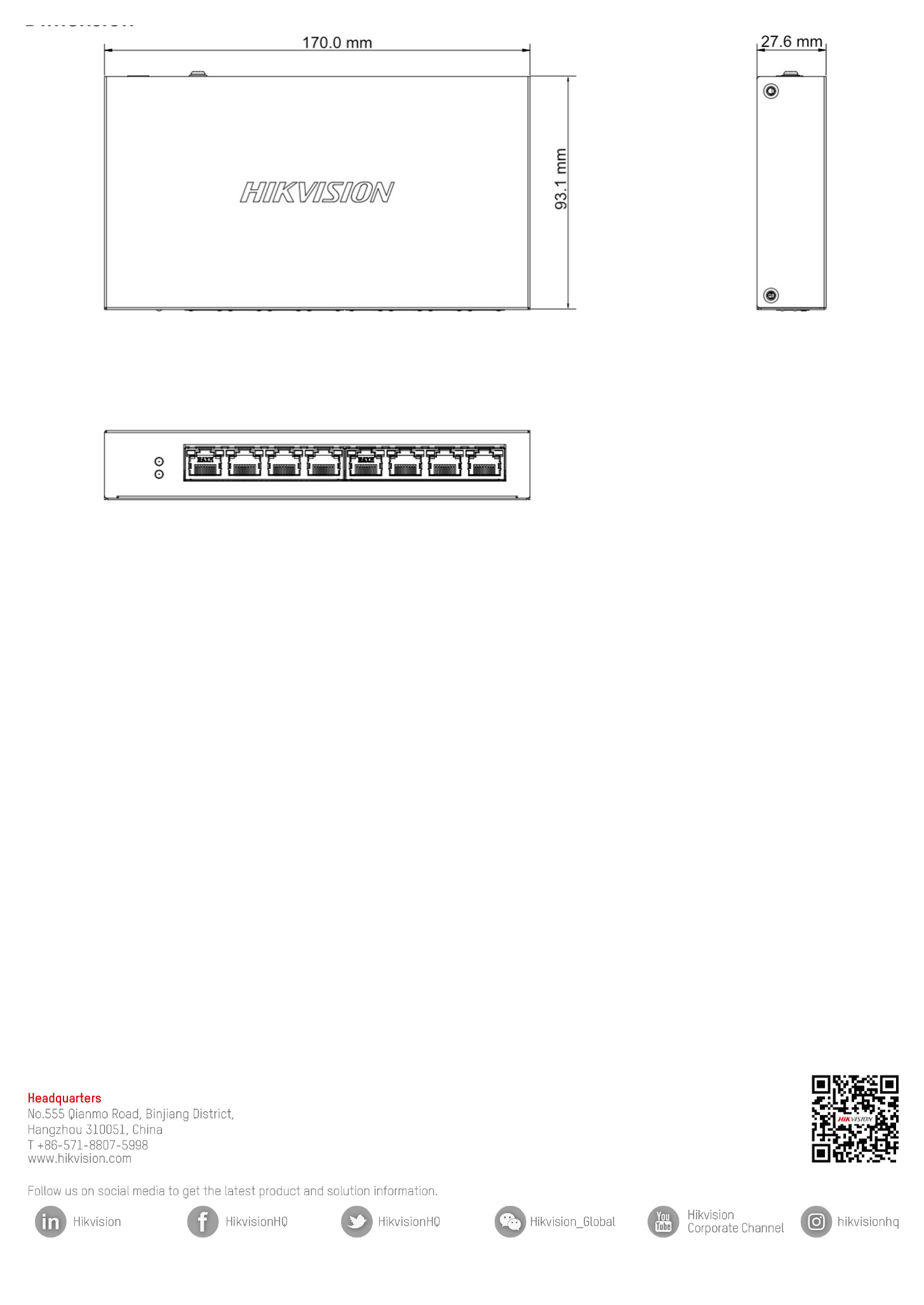 DS-3E0508P-O 外形尺寸圖 170.0 mm × 27.6 mm × 93.1 mm (6.69'' × 1.08'' × 3.66'')｜Unit: mm