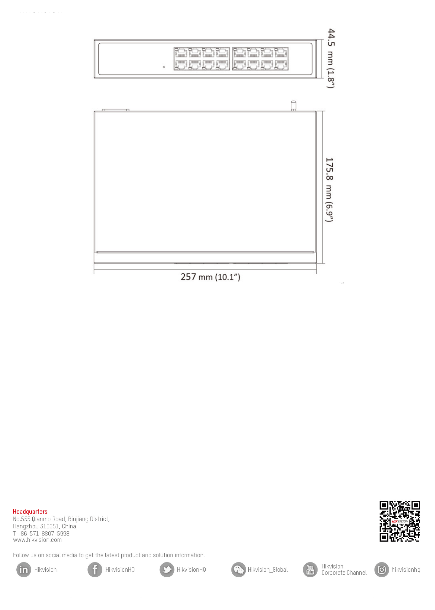 DS-3E0516-EB 外形尺寸圖 257.0 mm × 44.5 mm × 175.8 mm (10.1'' × 1.8'' × 6.9'')｜Unit: mm