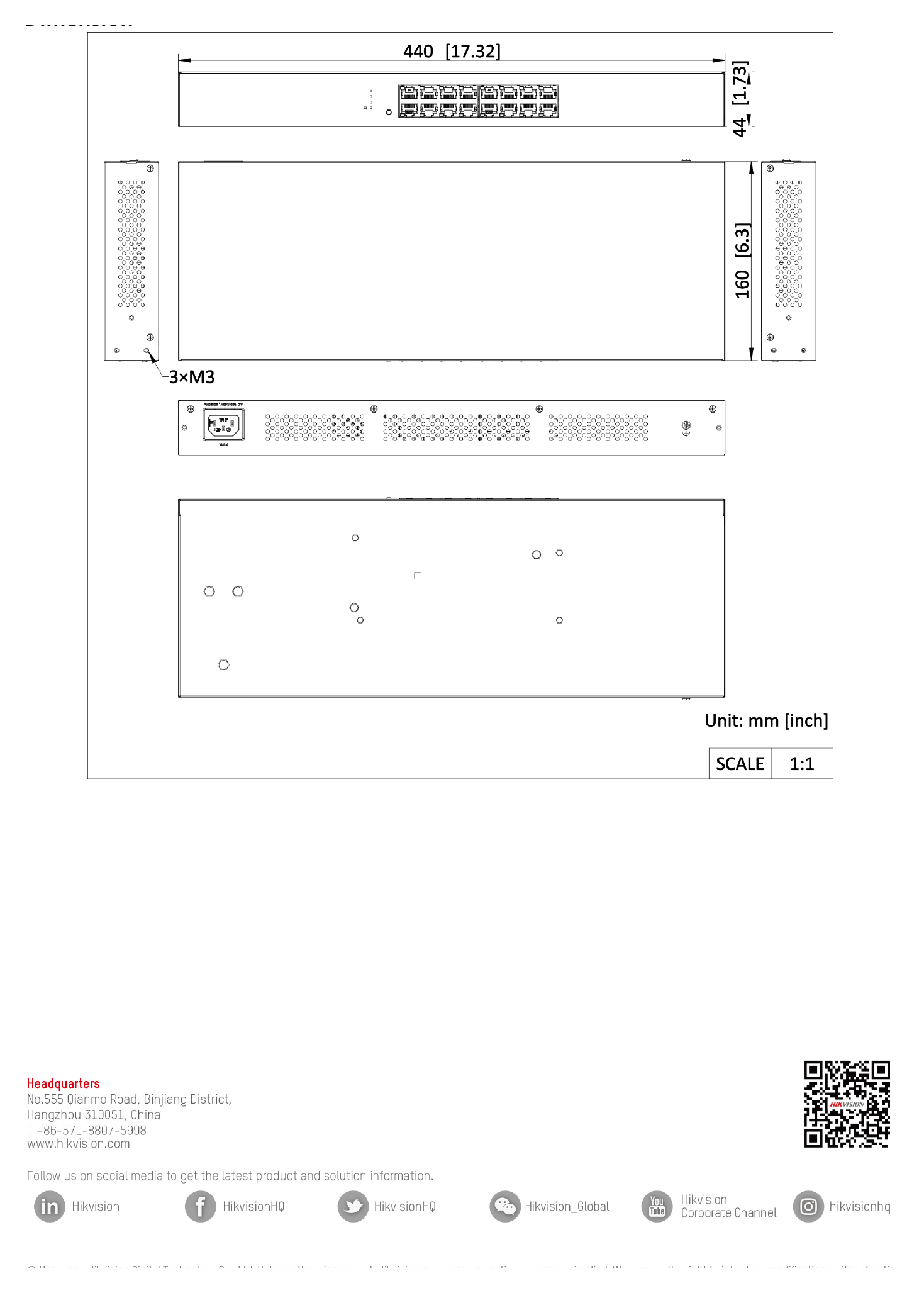 DS-3E0516-EC 外形尺寸圖 440.00 mm × 44.00 mm × 160.00 mm (17.32'' × 1.73'' × 6.30'')｜Unit: mm