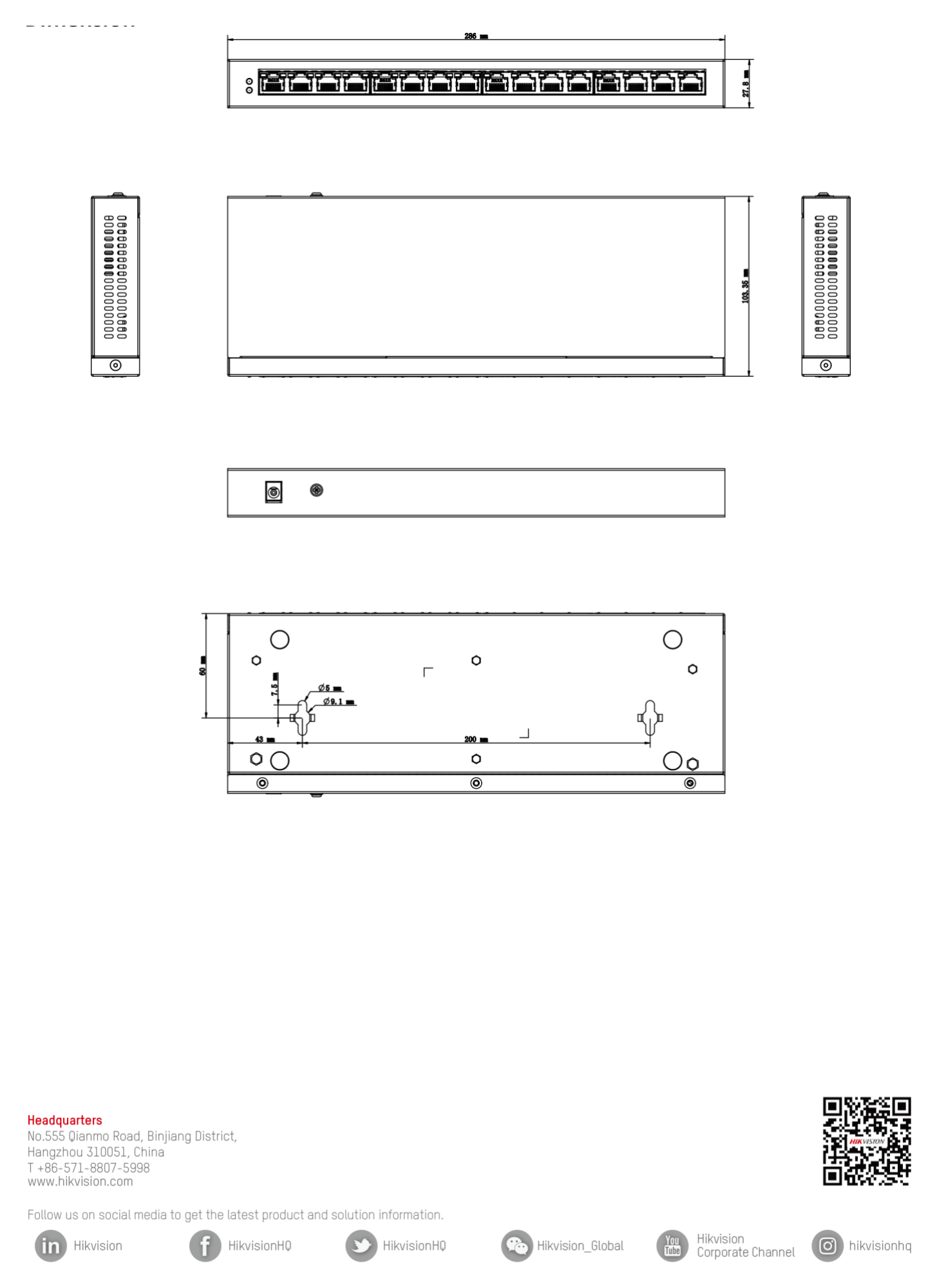 DS-3E0516P-O 外形尺寸圖 286.0 mm × 103.35 mm × 27.8 mm (11.26'' × 4.07'' × 1.09'')｜Unit: mm