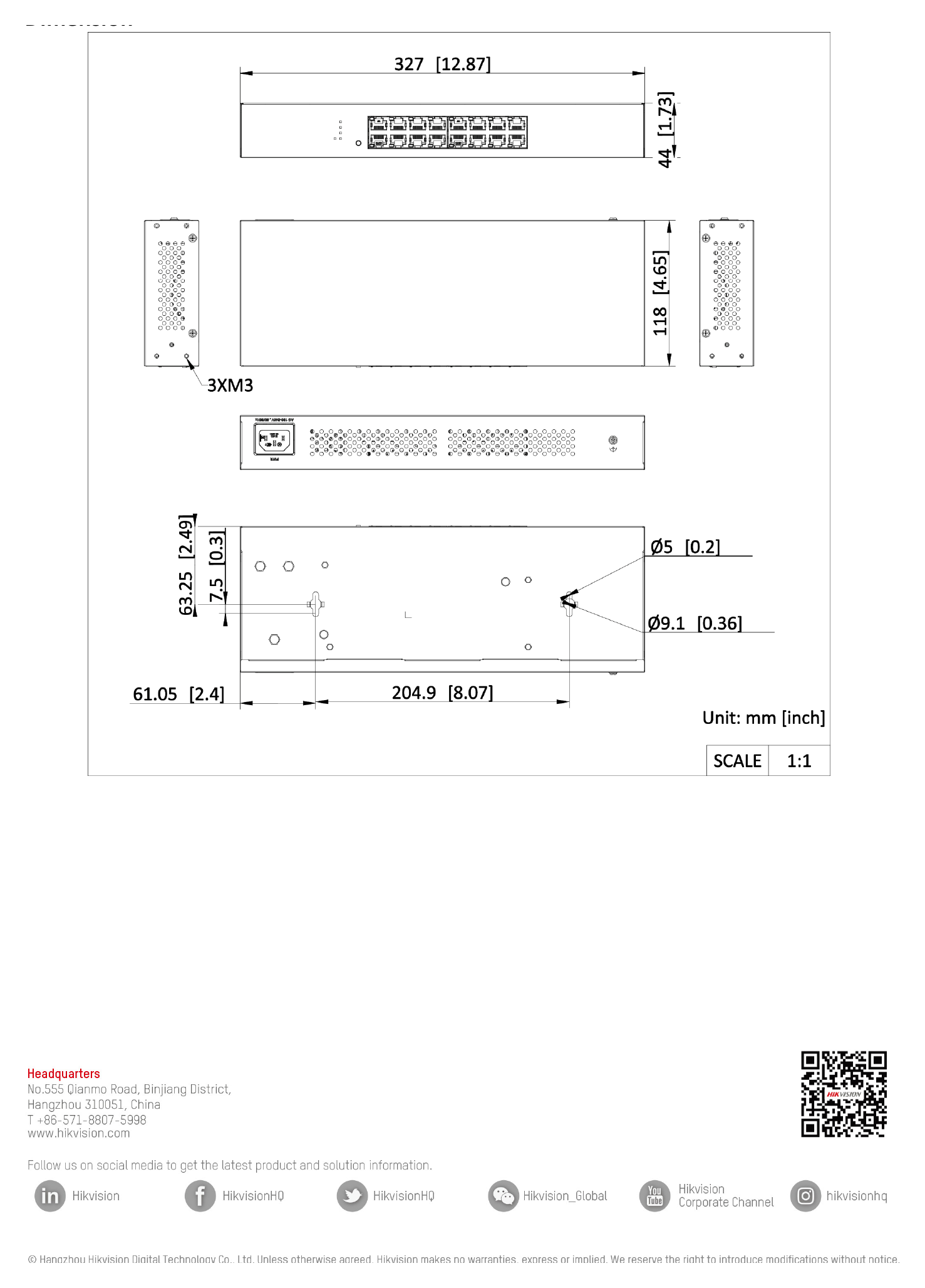 DS-3E0516R-O 外形尺寸圖 327.00 mm × 44.00 mm × 118.00 mm (12.87'' × 1.73'' × 4.65'')｜Unit: mm