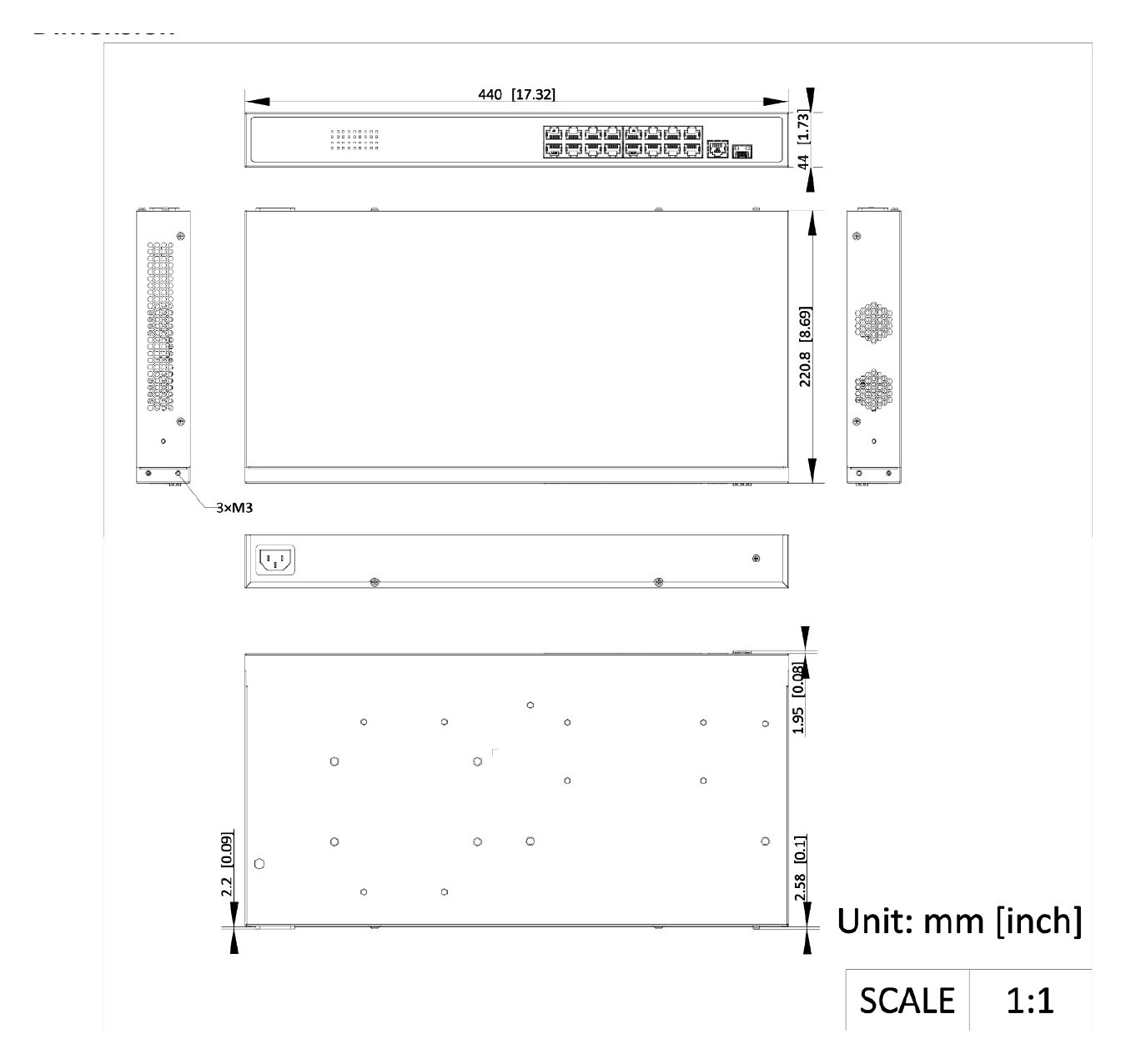 DS-3E0518P-E-B 外形尺寸圖 440.0 mm × 44.0 mm × 220.8 mm (17.3'' × 1.7'' × 8.7'')｜Unit: mm