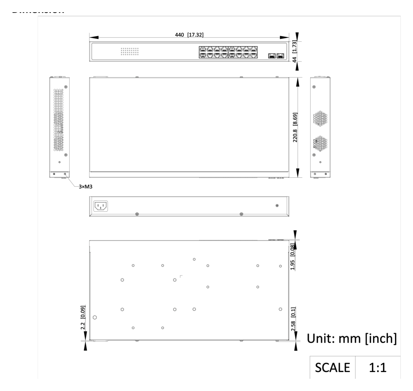 DS-3E0518P-E/M (B) 外形尺寸圖 440 mm × 44 mm × 220.8 mm (17.3'' × 1.7'' × 8.7'')｜Unit: mm