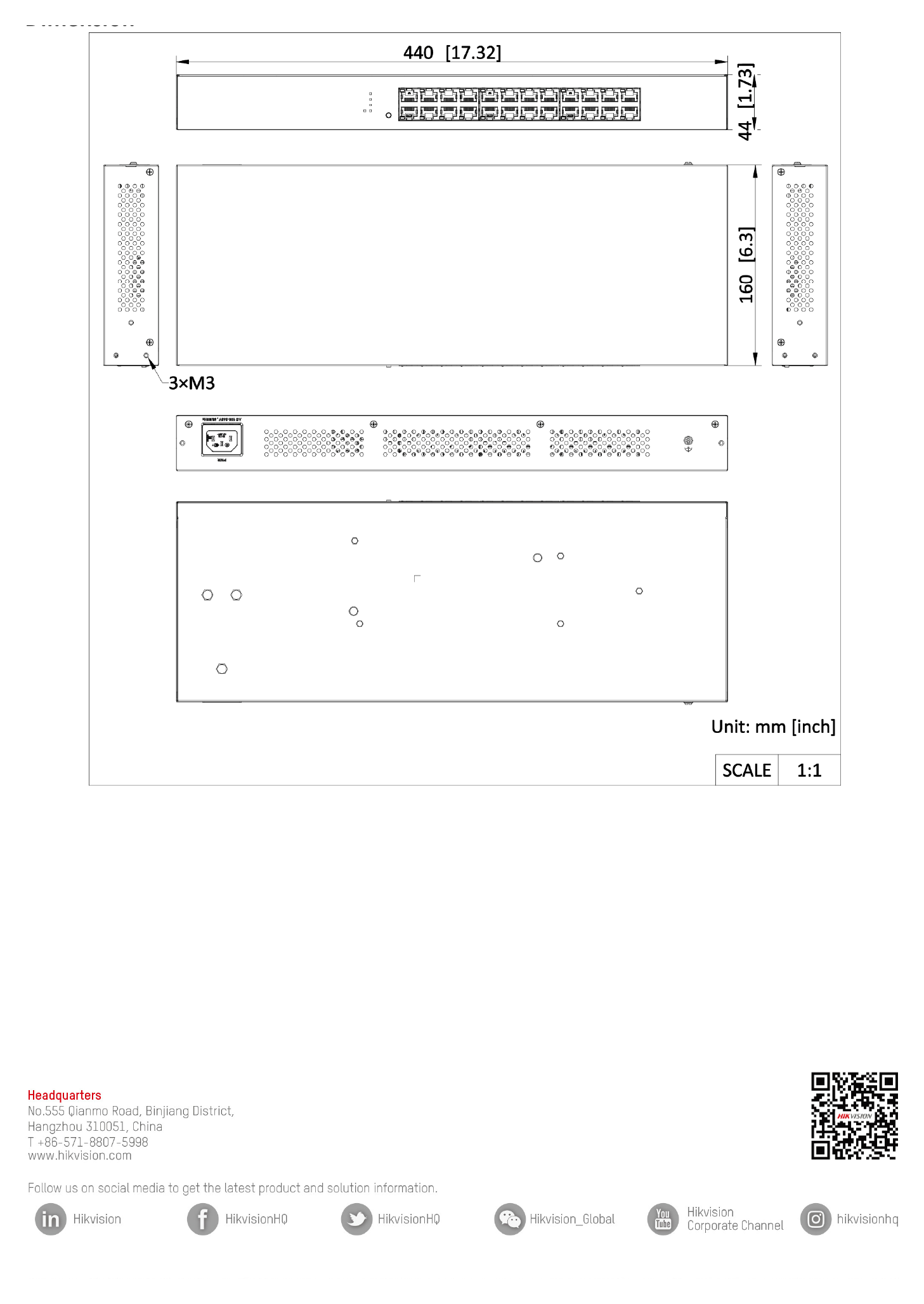 DS-3E0524-EC 外形尺寸圖 440.00 mm × 44.00 mm × 160.00 mm (17.32'' × 1.73'' × 6.30'')｜Unit: mm