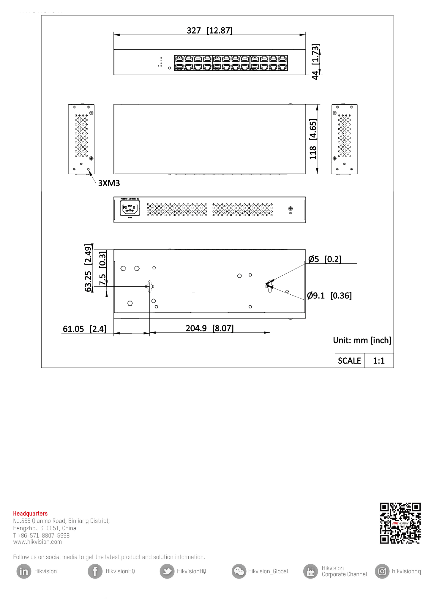 DS-3E0524R-O 外形尺寸圖 327.00 mm × 44.00 mm × 118.00 mm (12.87'' × 1.73'' × 4.65'')｜Unit: mm