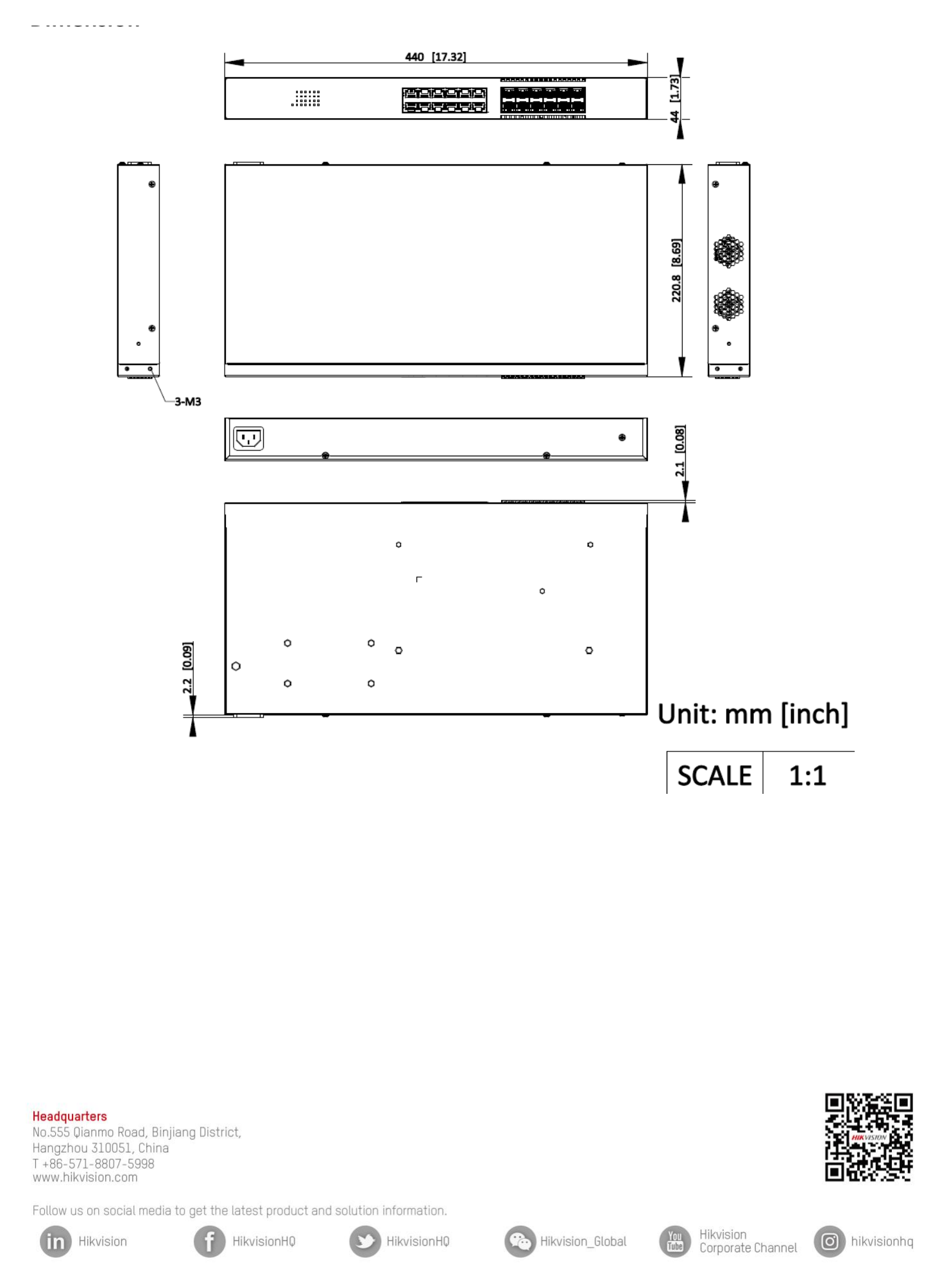 DS-3E0524TF(B) 外形尺寸圖 440.0 mm × 44.0 mm × 220.8 mm (17.3'' × 1.7'' × 8.7'')｜Unit: mm