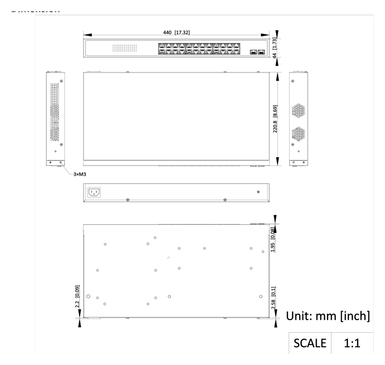 DS-3E0526P-E/M (B) 外形尺寸圖 440 mm × 44 mm × 220.8 mm (17.3'' × 1.7'' × 8.7'')｜Unit: mm