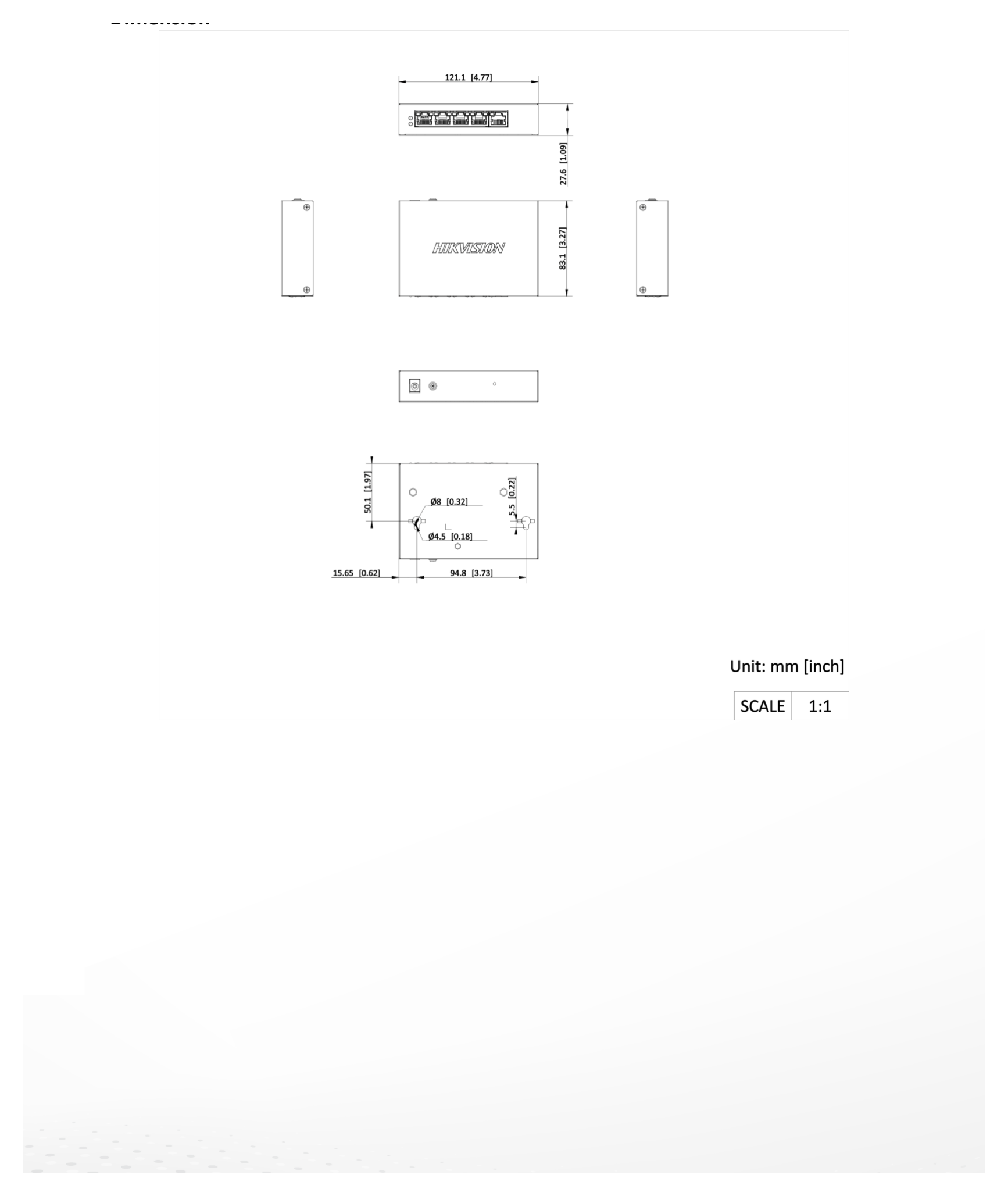 DS-3E1105P-EI/M 外形尺寸圖 121.1 mm × 27.6 mm × 83.1 mm (4.77'' × 1.09'' × 3.27'')｜Unit: mm