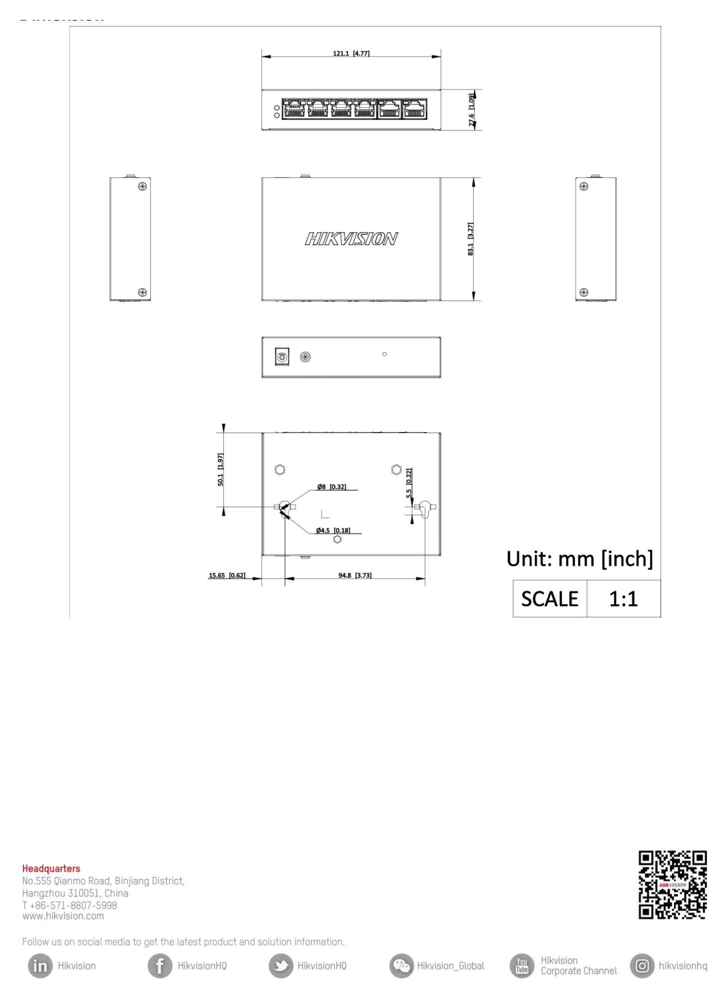 DS-3E1106P-EI 外形尺寸圖 121.1 mm × 27.6 mm × 83.1 mm (4.77'' × 1.09'' × 3.27'')｜Unit: mm