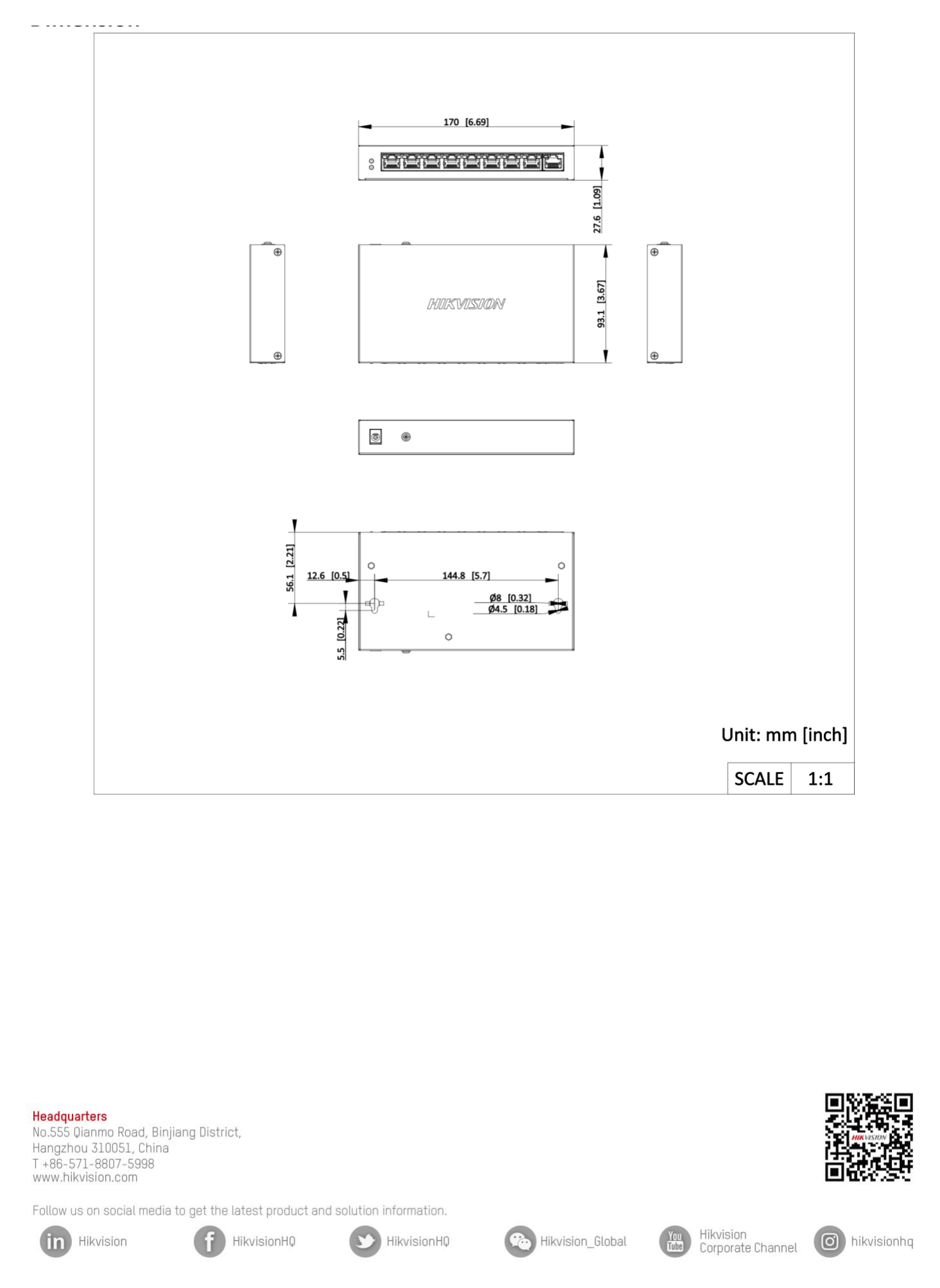 DS-3E1309P-EI/M 外形尺寸圖 170.00 mm × 27.60 mm × 93.10 mm (6.69'' × 1.09'' × 3.67'')｜Unit: mm