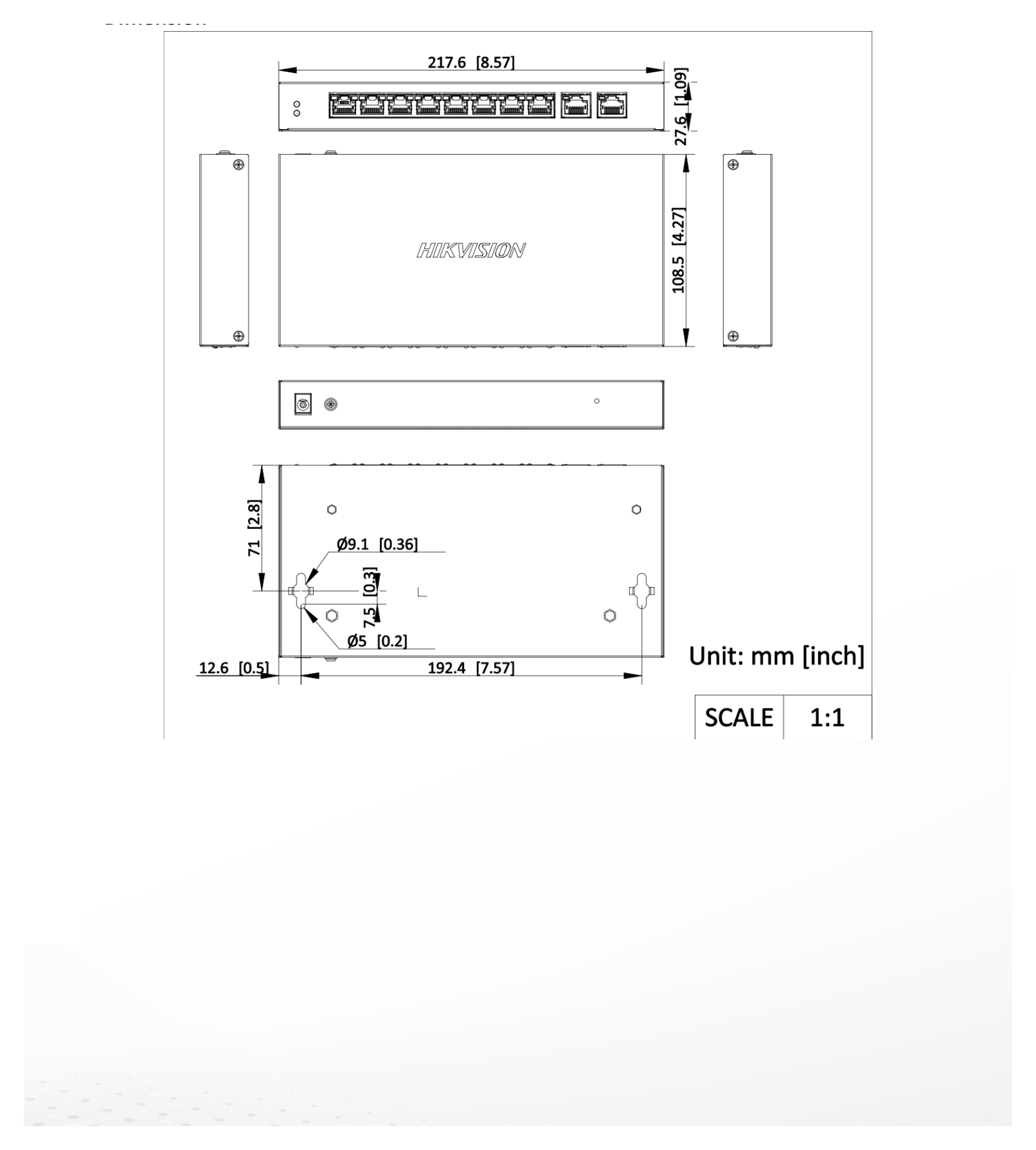 DS-3E1310HP-EI-B 外形尺寸圖 217.6 mm × 27.6 mm × 108.5 mm (8.57'' × 1.09'' × 4.27'')｜Unit: mm