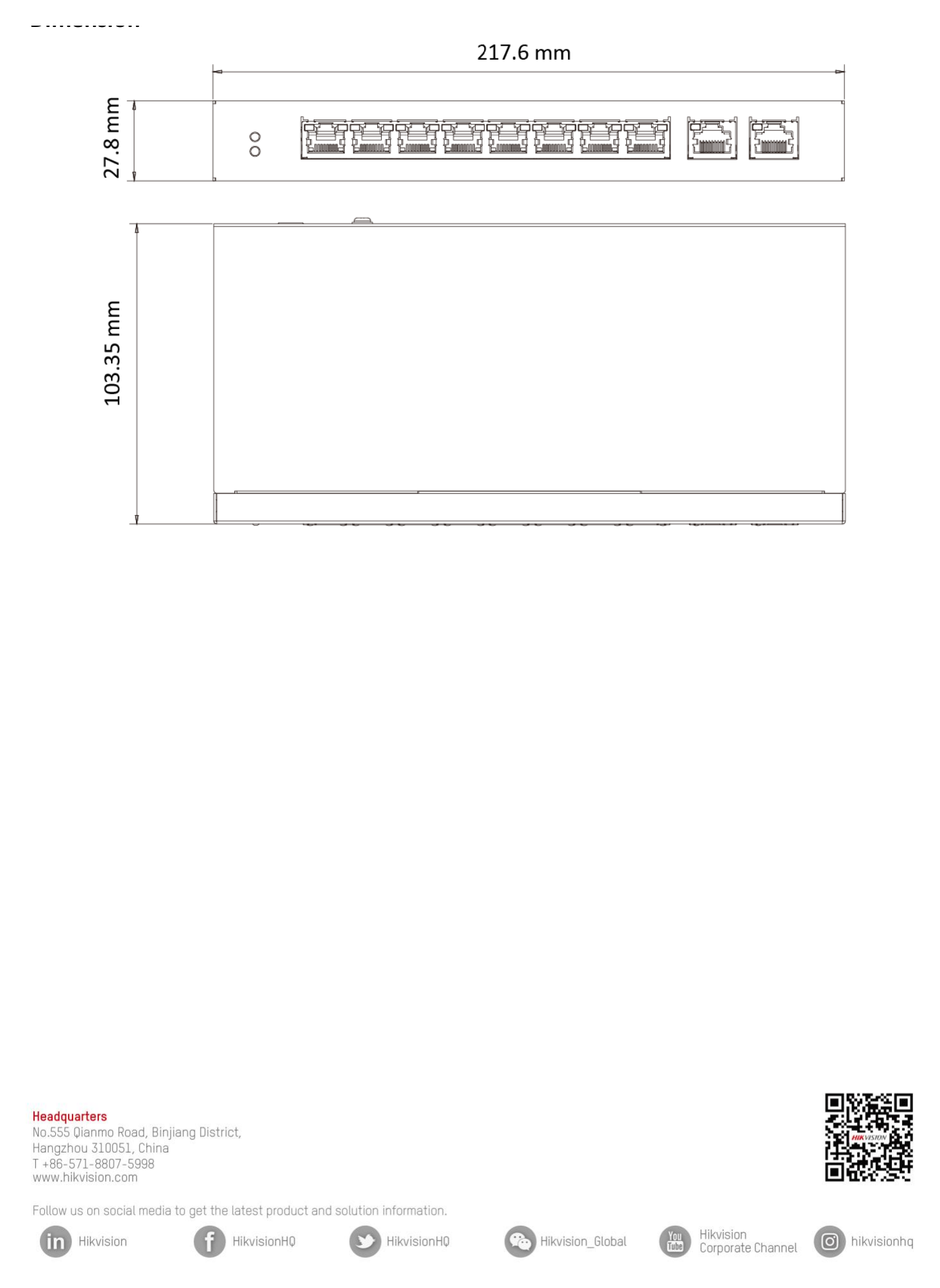 DS-3E1310HP-EI 外形尺寸圖 217.6 mm × 27.8 mm × 103.35 mm (8.56" × 1.09" × 4.06")｜Unit: mm