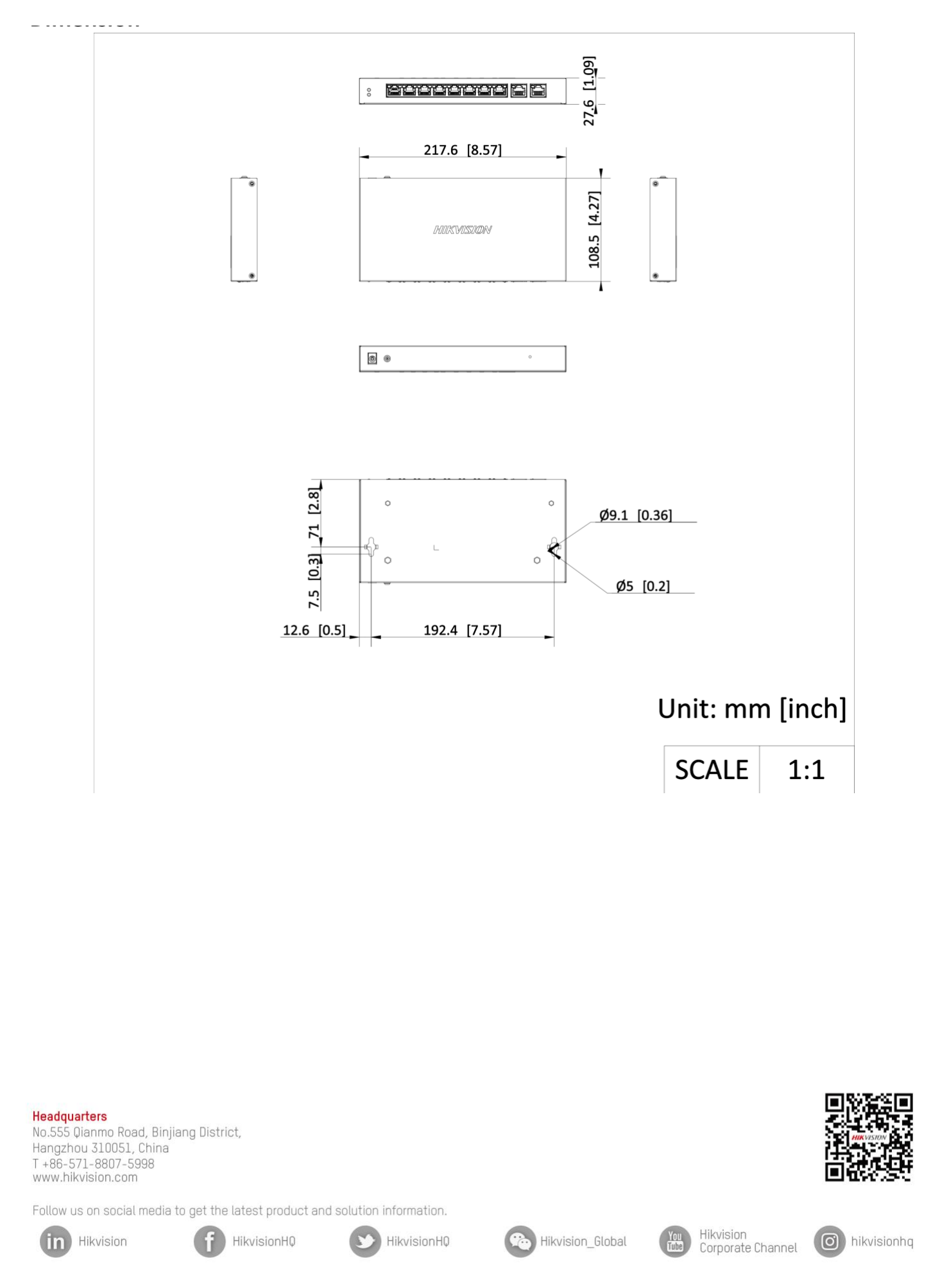 DS-3E1310P-EI-B 外形尺寸圖 217.6 mm × 27.6 mm × 108.5 mm (8.57'' × 1.09'' × 4.27'')｜Unit: mm