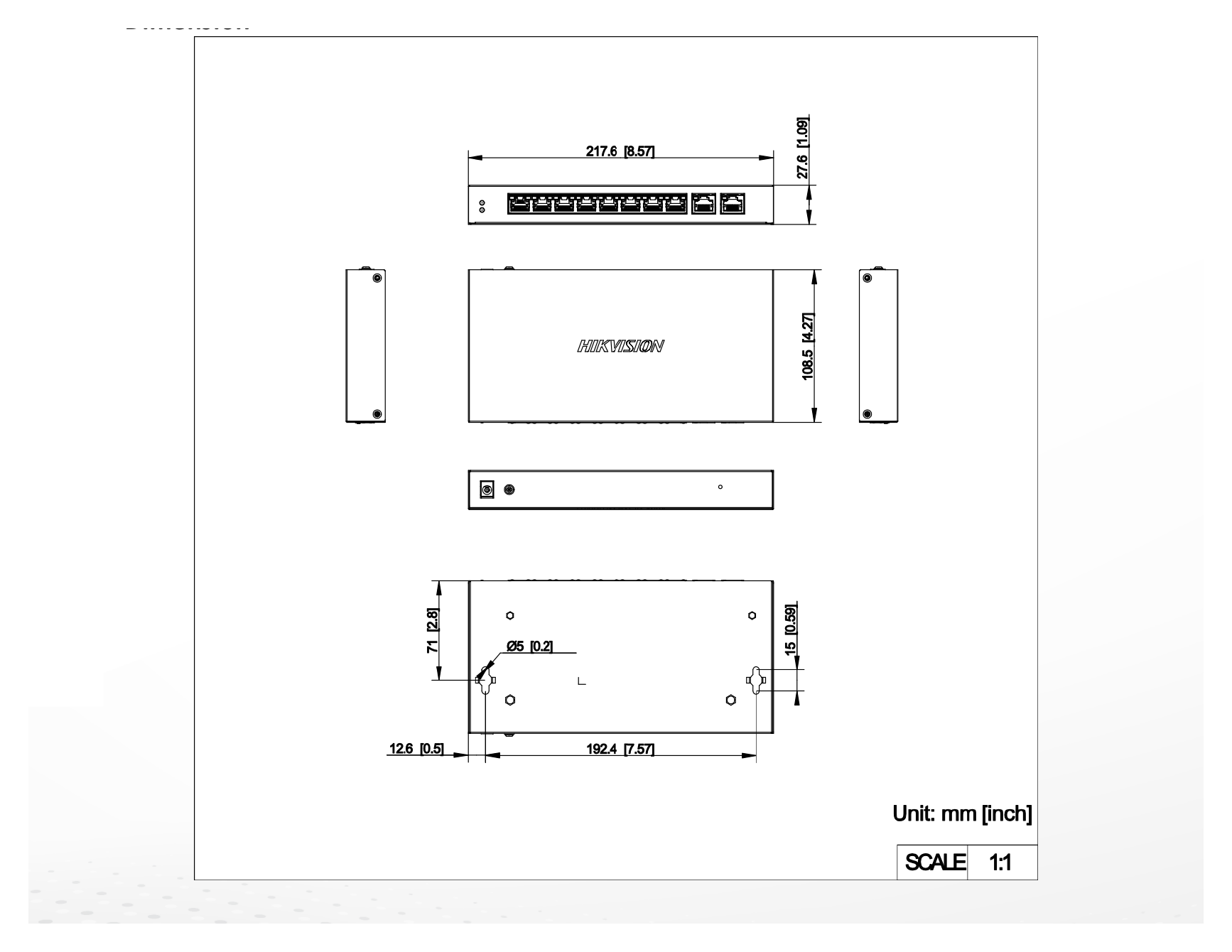 DS-3E1310P-EI/M(B) 外形尺寸圖 217.6 mm × 27.6 mm × 108.5 mm (8.57'' × 1.09'' × 4.27'')｜Unit: mm