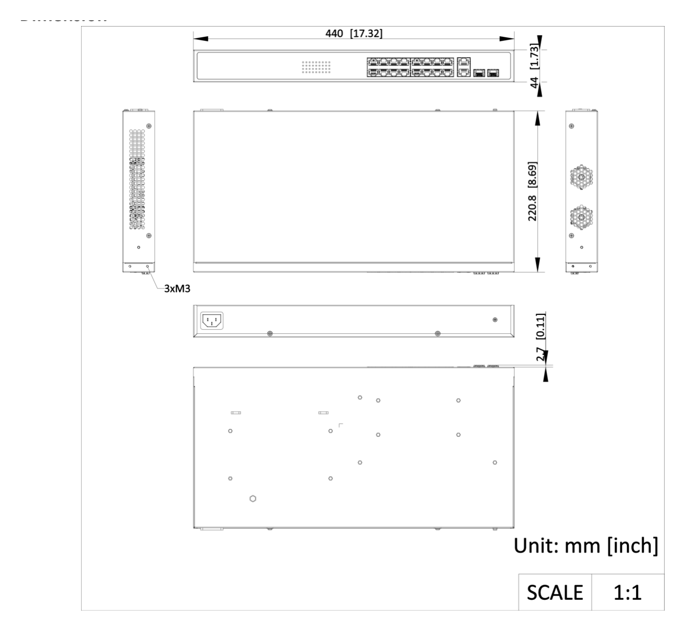 DS-3E1318P-EI-B 外形尺寸圖 440.00 mm × 44.00 mm × 220.80 mm (17.32'' × 1.73'' × 8.69'')｜Unit: mm