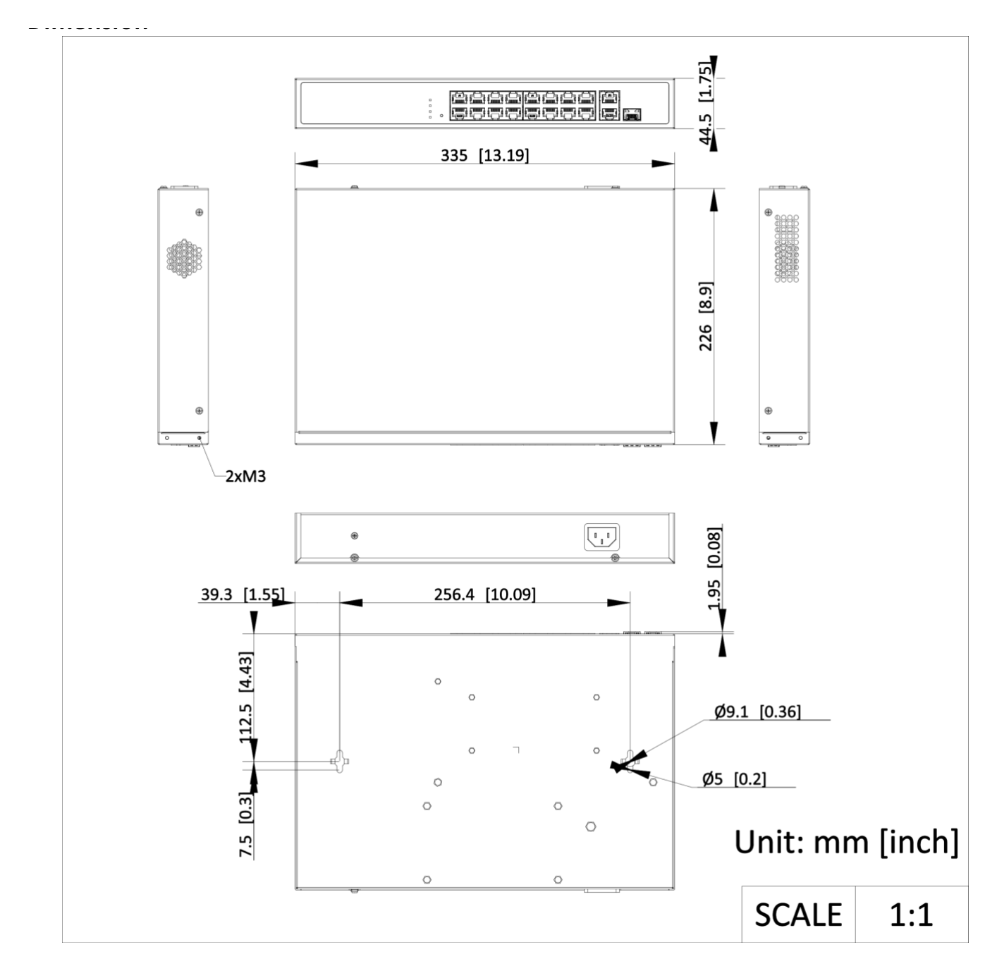 DS-3E1318P-EI 外形尺寸圖 440.00 mm × 44.00 mm × 220.80 mm (17.32'' × 1.73'' × 8.69'')｜Unit: mm
