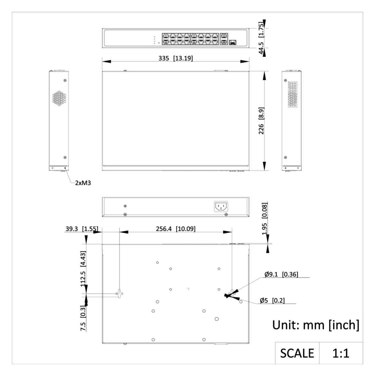 DS-3E1318P-EI/M 外形尺寸圖 440.00 mm × 44.00 mm × 220.80 mm (17.32'' × 1.73'' × 8.69'')｜Unit: mm
