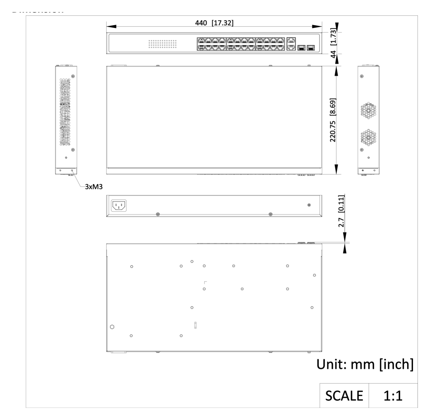 DS-3E1326P-EI-B 外形尺寸圖 440.00 mm × 44.00 mm × 220.80 mm (17.32'' × 1.73'' × 8.69'')｜Unit: mm