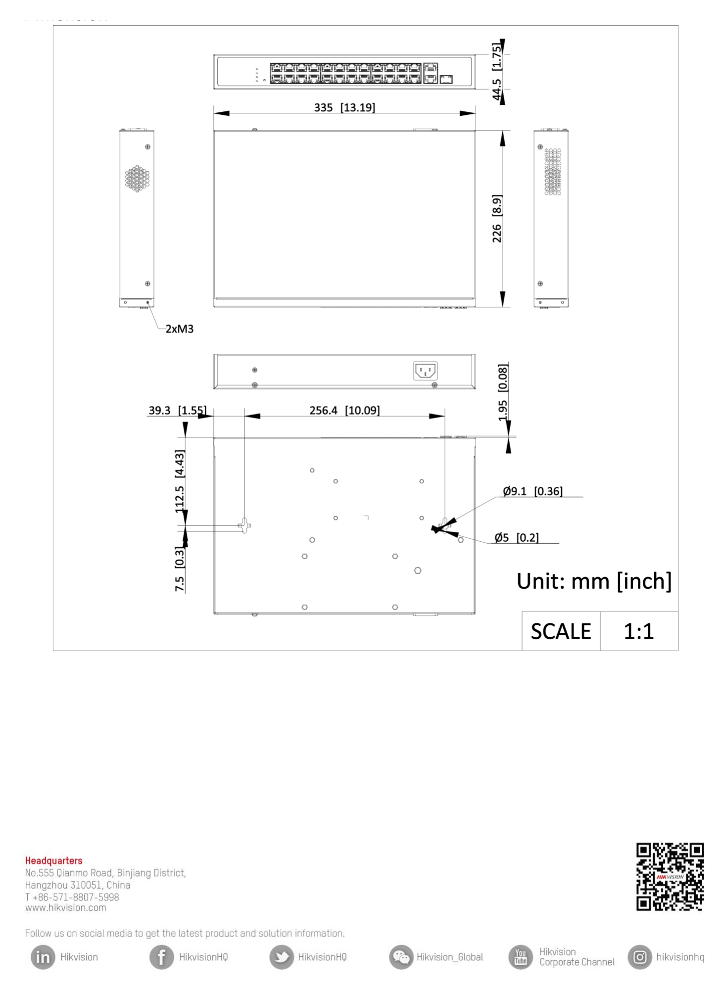 DS-3E1326P-EI 外形尺寸圖 440.00 mm × 44.00 mm × 220.80 mm (17.32'' × 1.73'' × 8.69'')｜Unit: mm