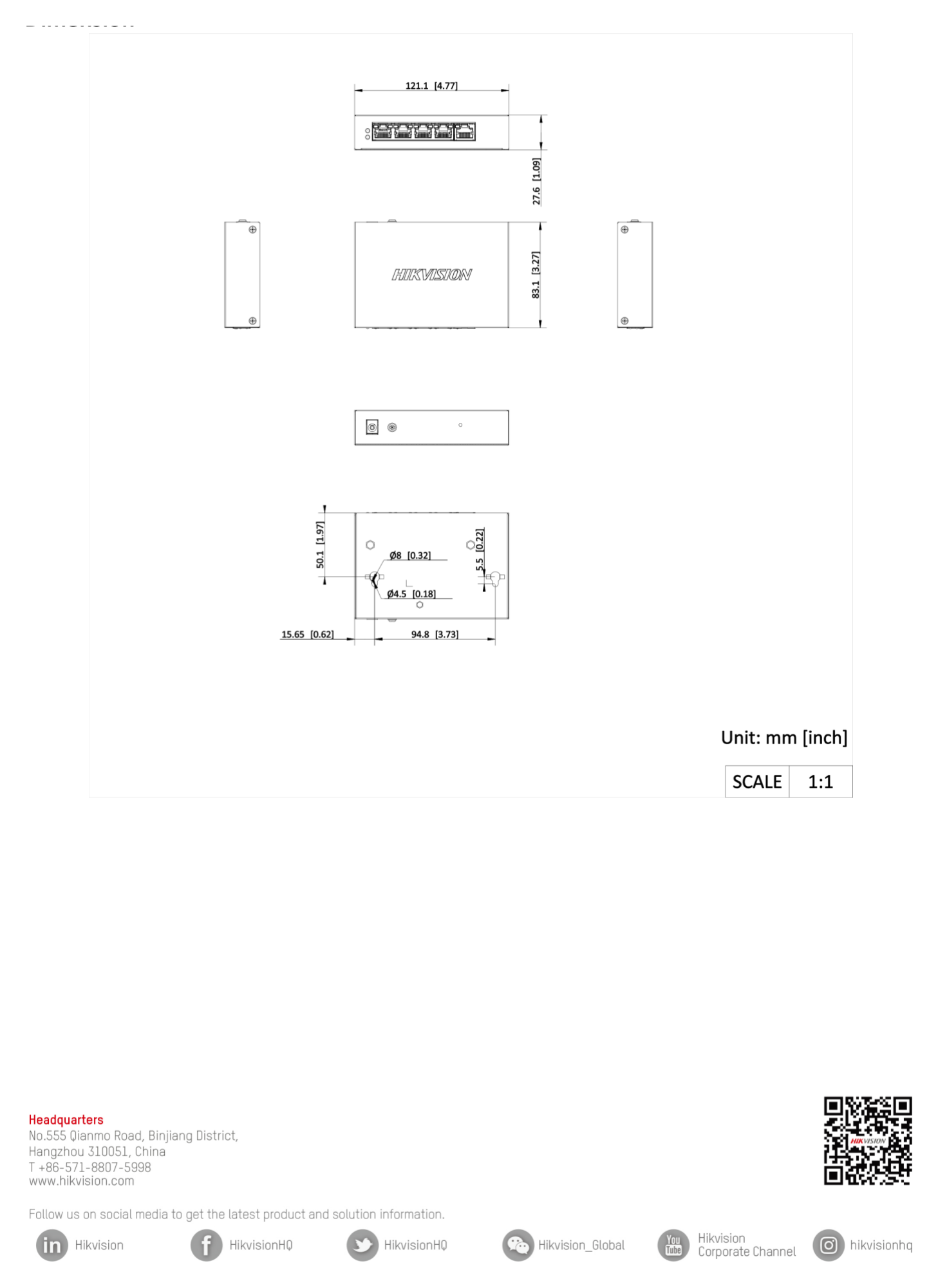 DS-3E1505P-EI 外形尺寸圖 121.1 mm × 27.6 mm × 83.1 mm (4.77'' × 1.09'' × 3.27'')｜Unit: mm