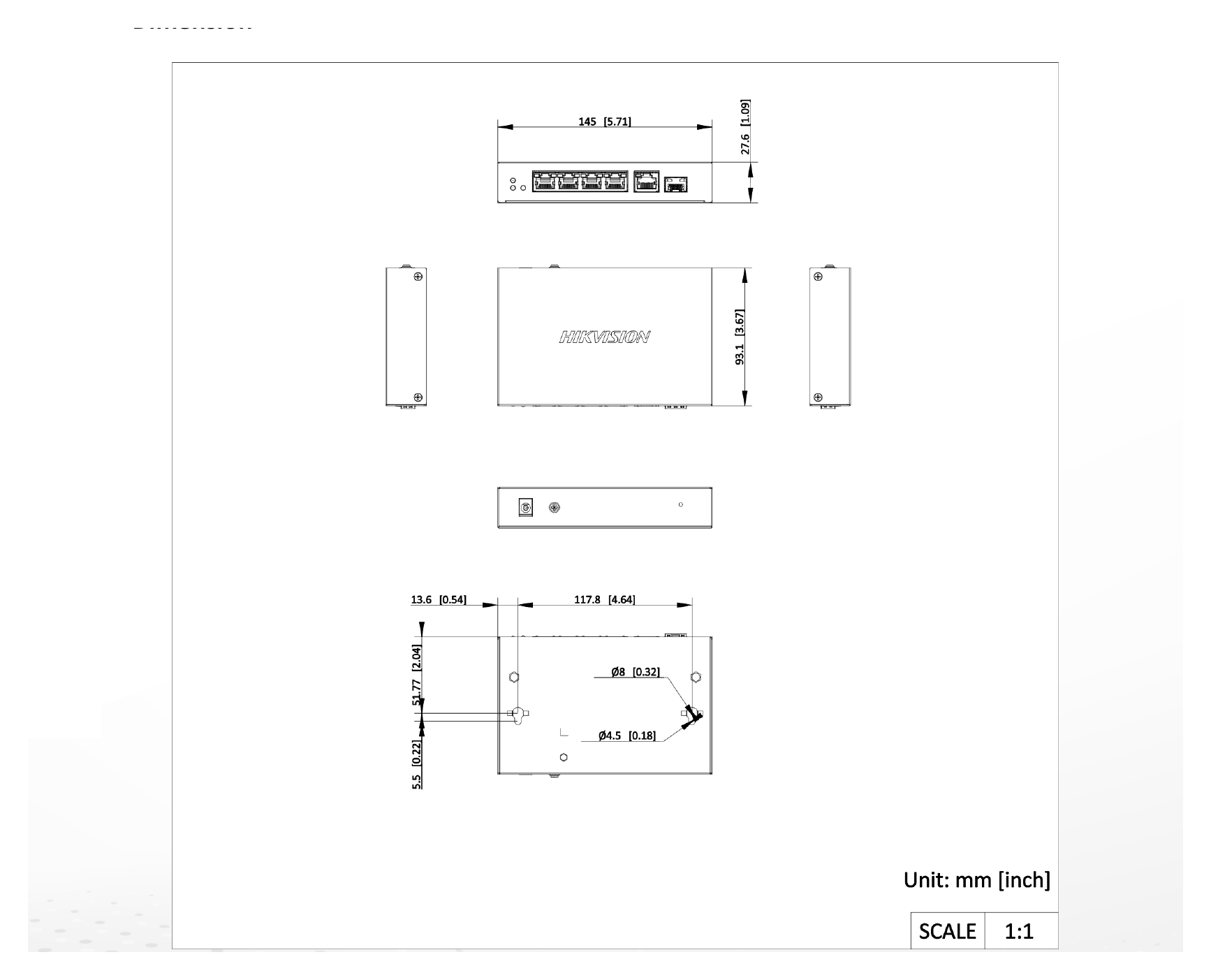 DS-3E1506P-EI/M-4P1T1F 外形尺寸圖 145.0 mm × 27.6 mm × 93.1 mm (5.71'' × 1.09'' × 3.67'')｜Unit: mm