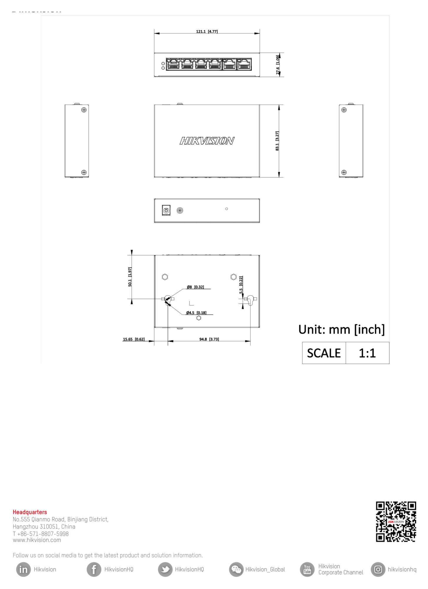 DS-3E1506P-EI/M 外形尺寸圖 121.1 mm × 27.6 mm × 83.1 mm (4.77'' × 1.09'' × 3.27'')｜Unit: mm